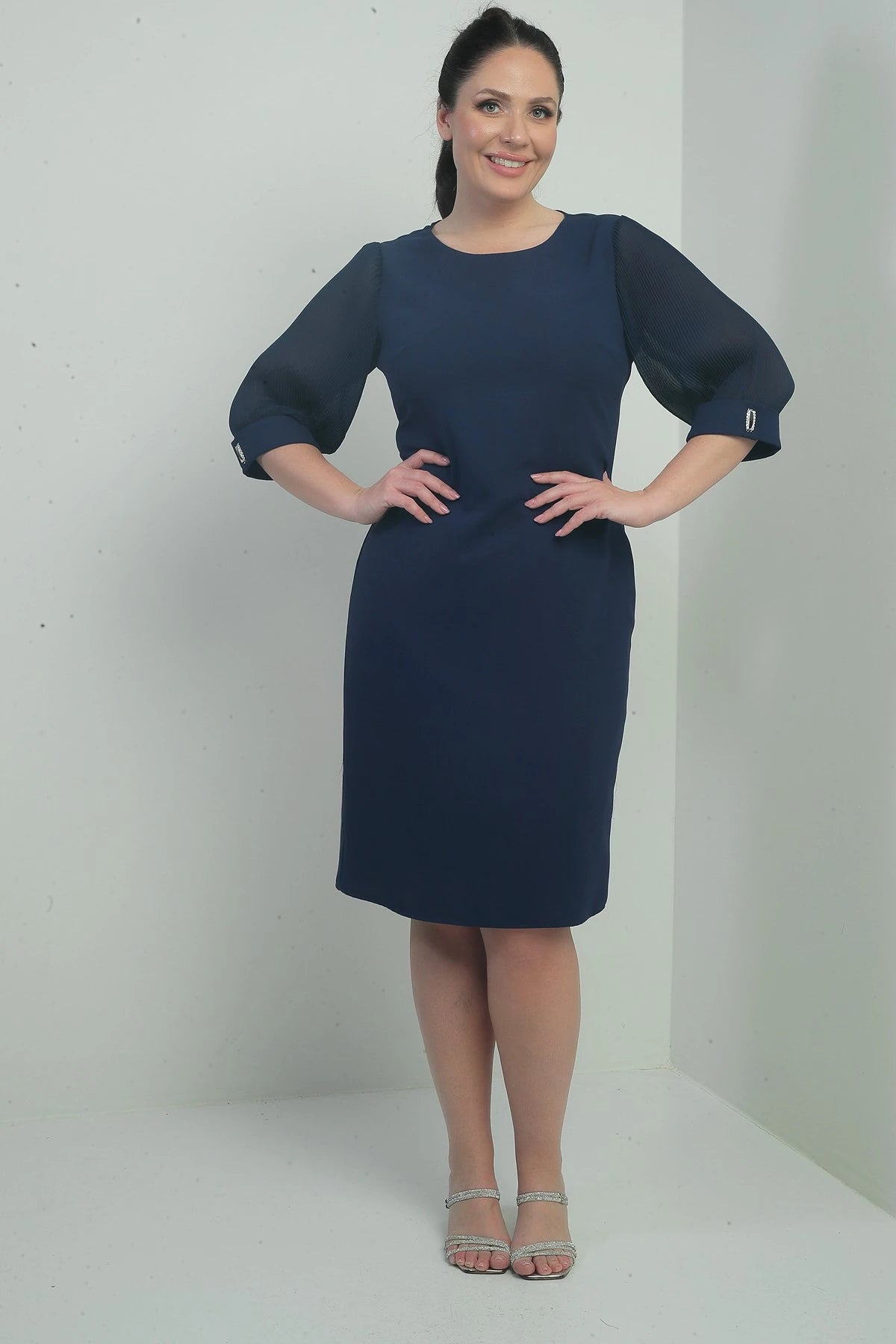 Image of Women's Plus Size Dress with Chiffon Pleated Sleeves and Lining