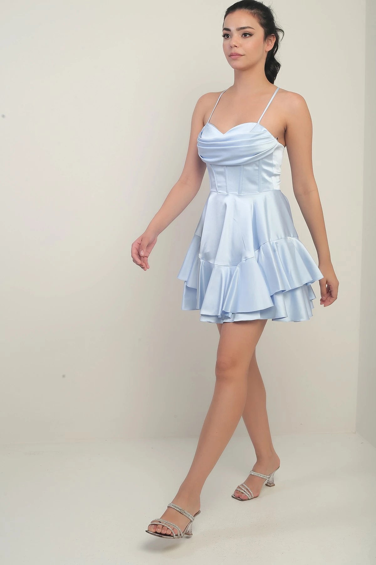 Image of Women's Strappy Back Tie Underwired Short Satin Dress with Layered Lining