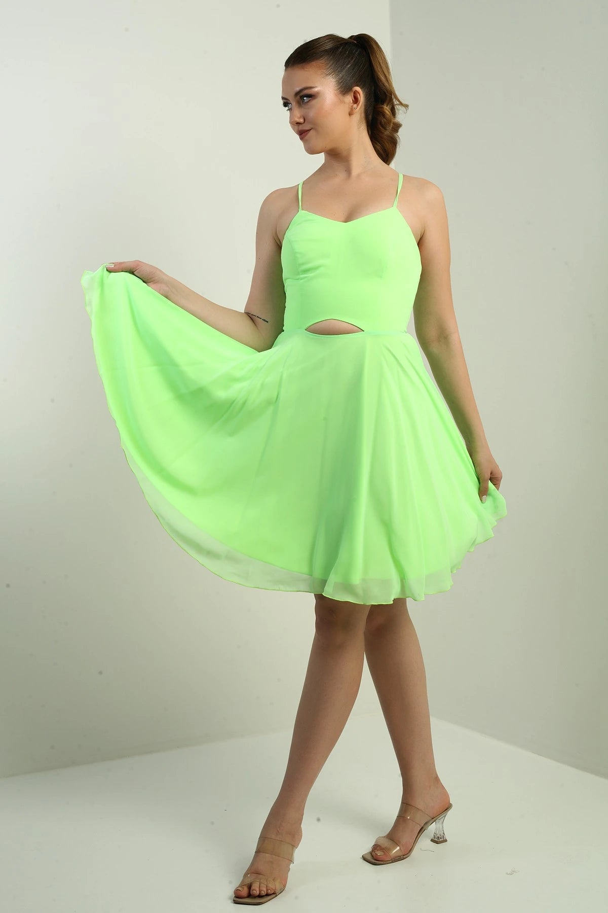 Image of Women's Strappy, Back-Tie, Front-Opening, Lined Chiffon Short Flared Dress