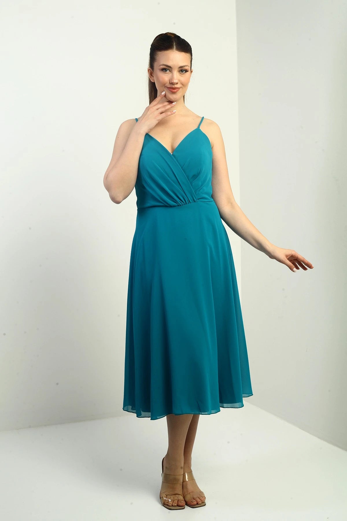 Image of Women's Strappy Wrap Neckline Lined Lace-Up Back Flared Chiffon Dress
