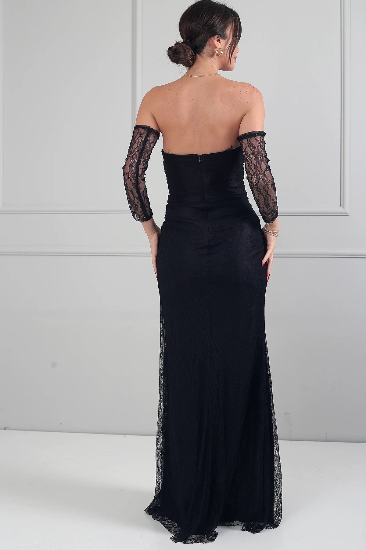 Image of Kadın 3 Parçalı Tasarım Abiye Straplez Önü Büzgülü Astarlı Uzun Elbise Dik Yaka Dantel Bluz