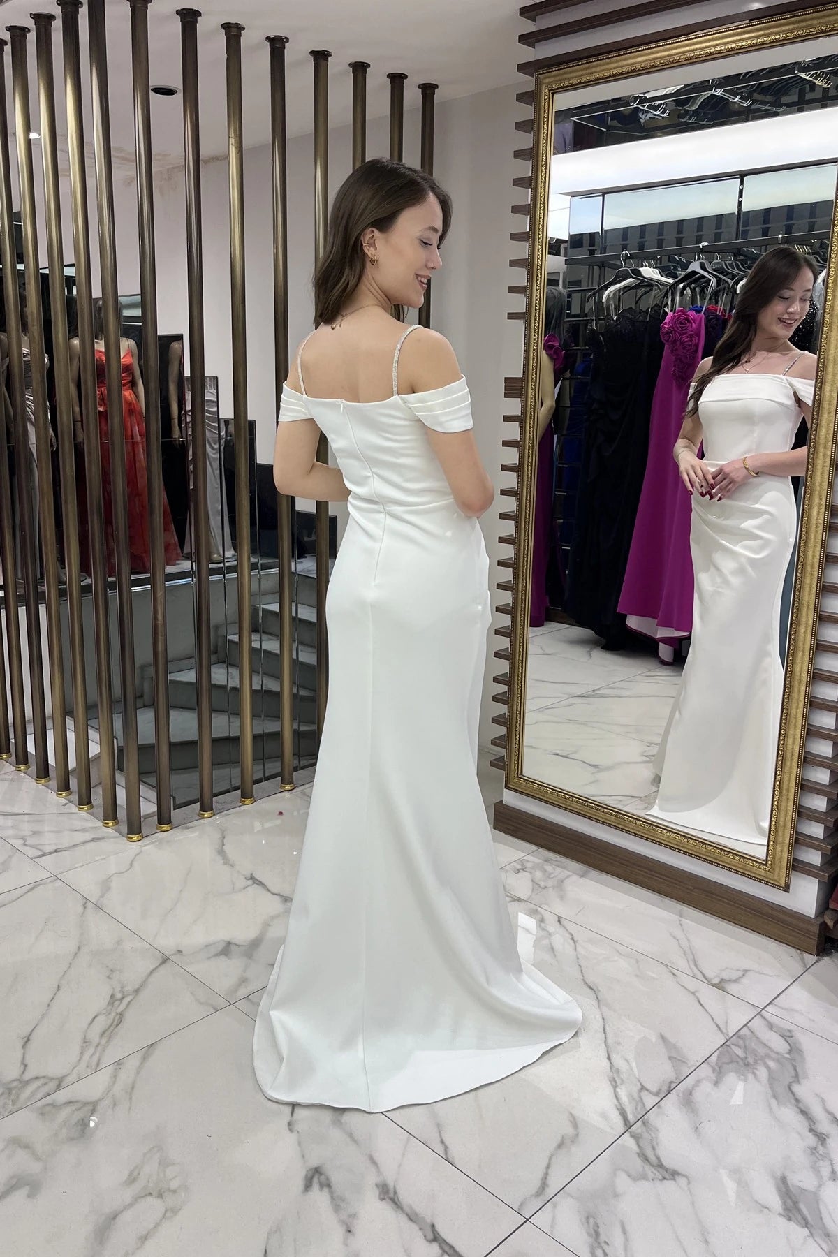 Image of Women's Embellished Thin Strap, Dropped Sleeve Satin Madonna Neckline Lined Draped Double Fishtail Dress