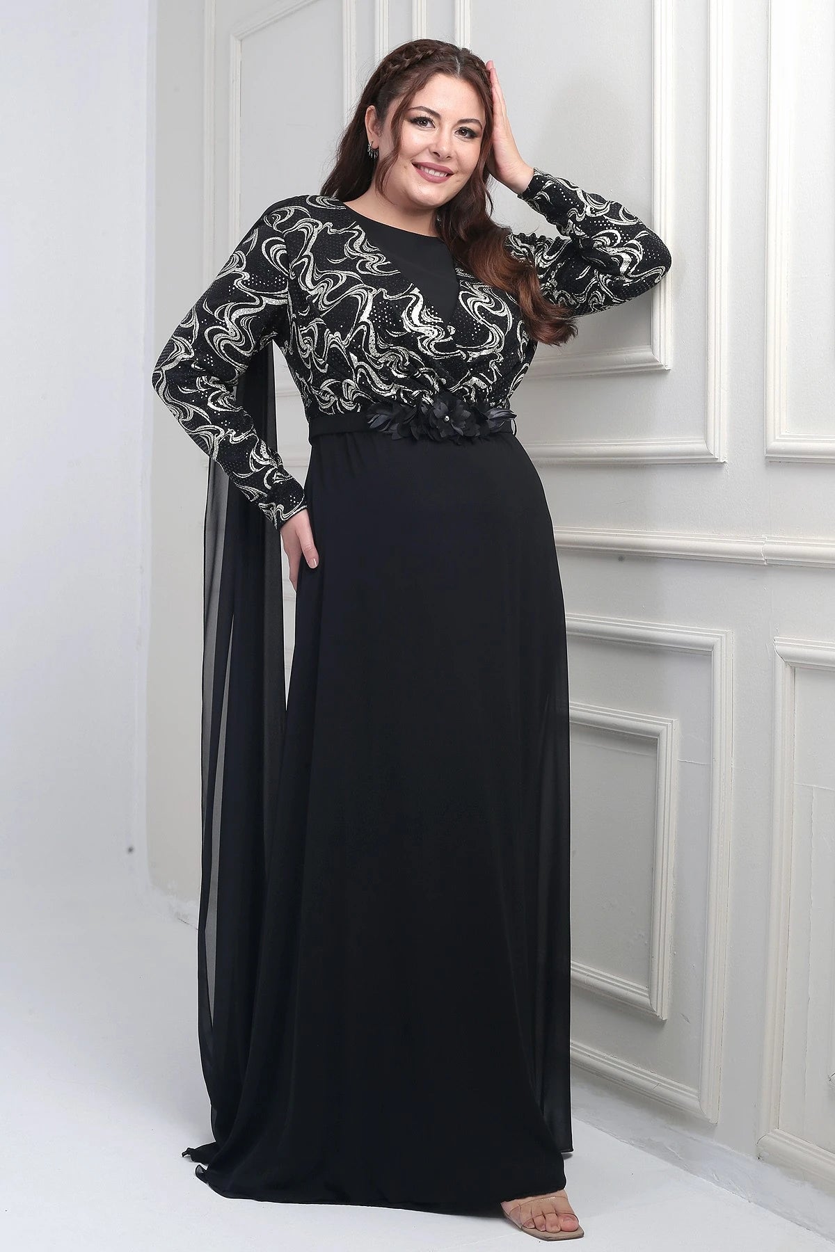 Image of Women's Wrap-Neck Style Sequined Lined Chiffon Long BB Dress