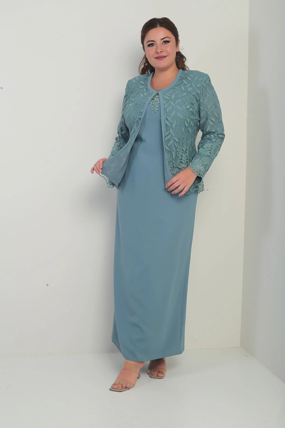 Image of Beaded and Lace Lined Dress and Jacket Set, Plus Size, Two-Piece