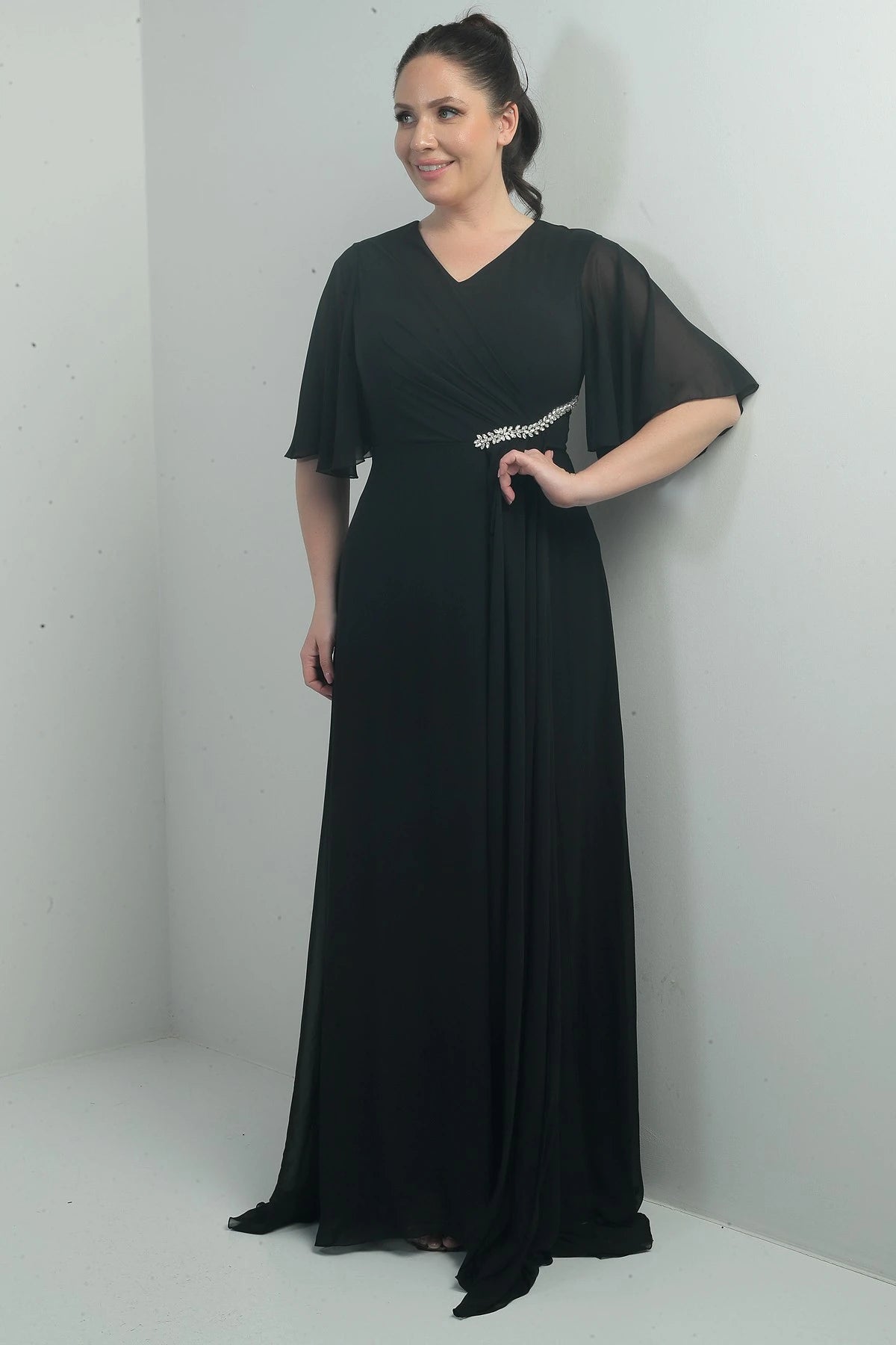 Image of Women's V-Neck, Waistband with Stone Embellishment, Draped, Lined, Plus Size Long Chiffon Dress