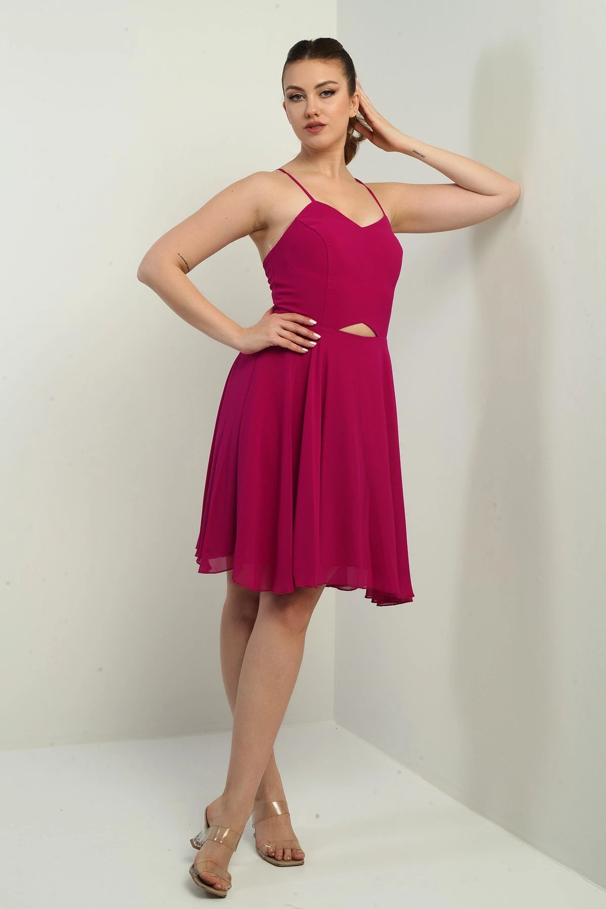 Image of Women's Strappy, Back-Tie, Front-Opening, Lined Chiffon Short Flared Dress