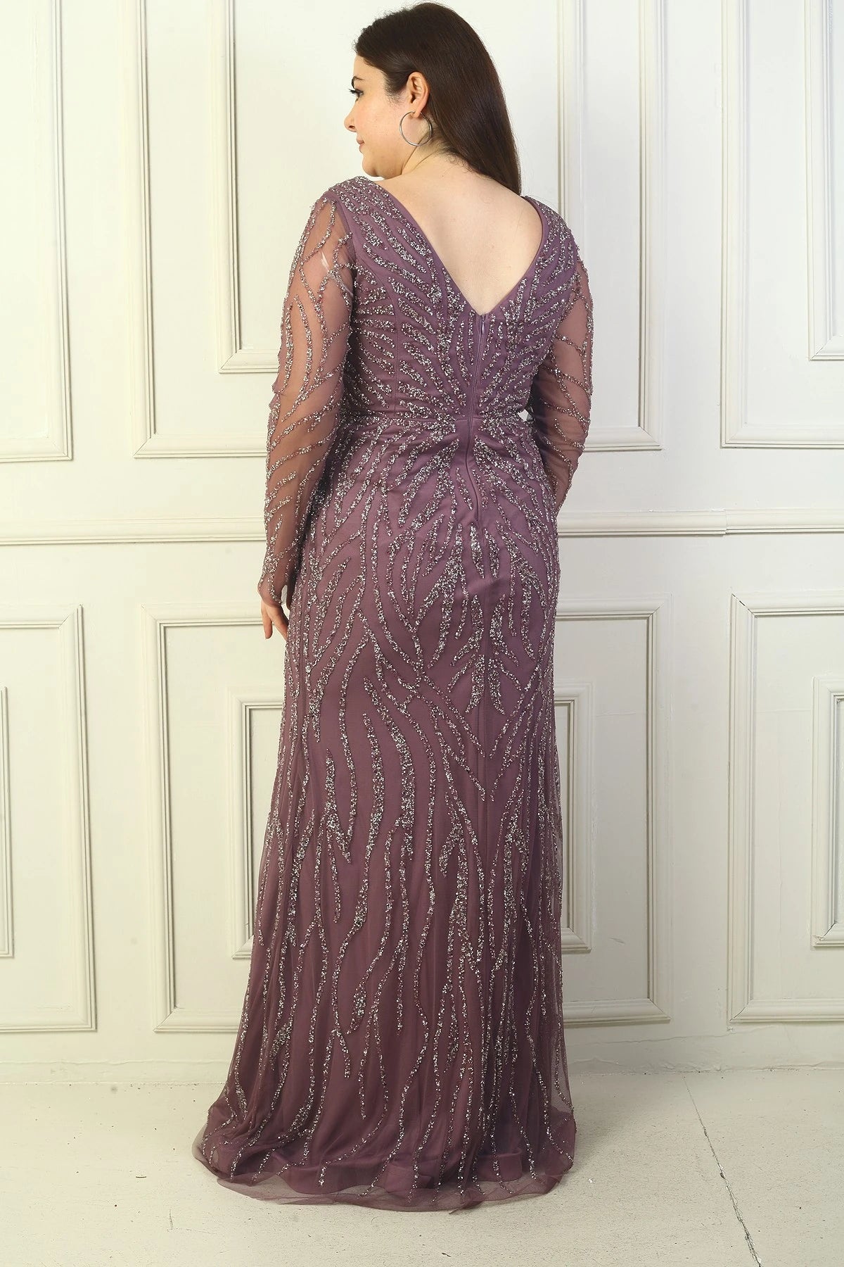 Image of Front and Back V-Neck, Tulle Sleeves, Lined, Embellished Long Plus Size Dress