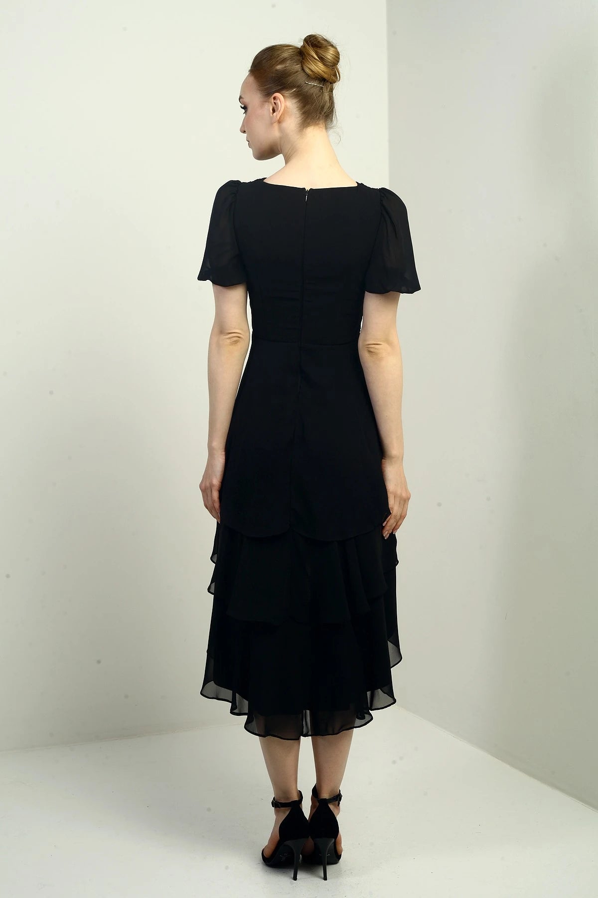 Image of Women's Wrap Neckline Back Zipper Layered Pleated Chiffon Dress