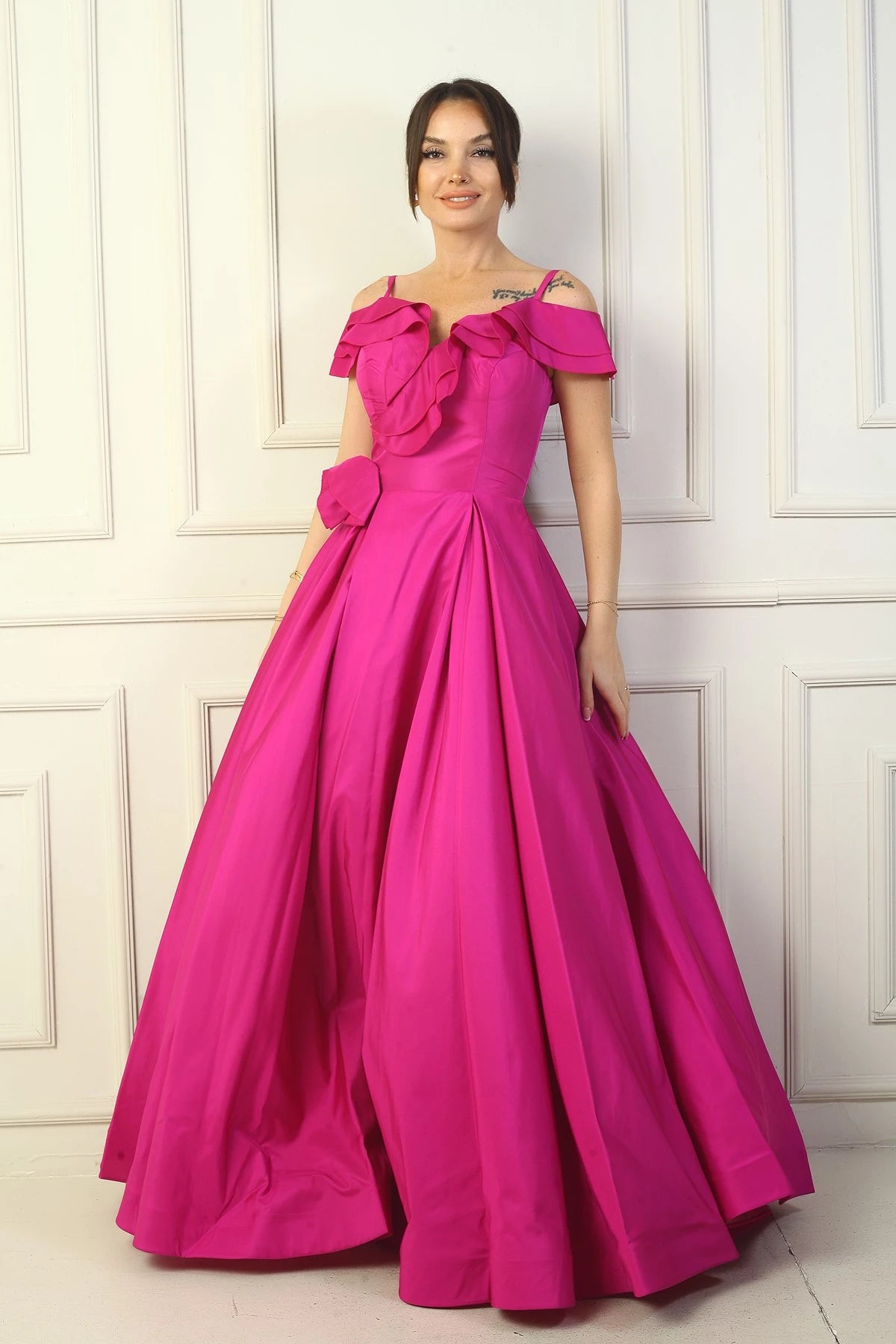 Image of Women's Strappy Boat Neck Long Taffeta Evening Dress with Rose Detail, Lined, and Pockets