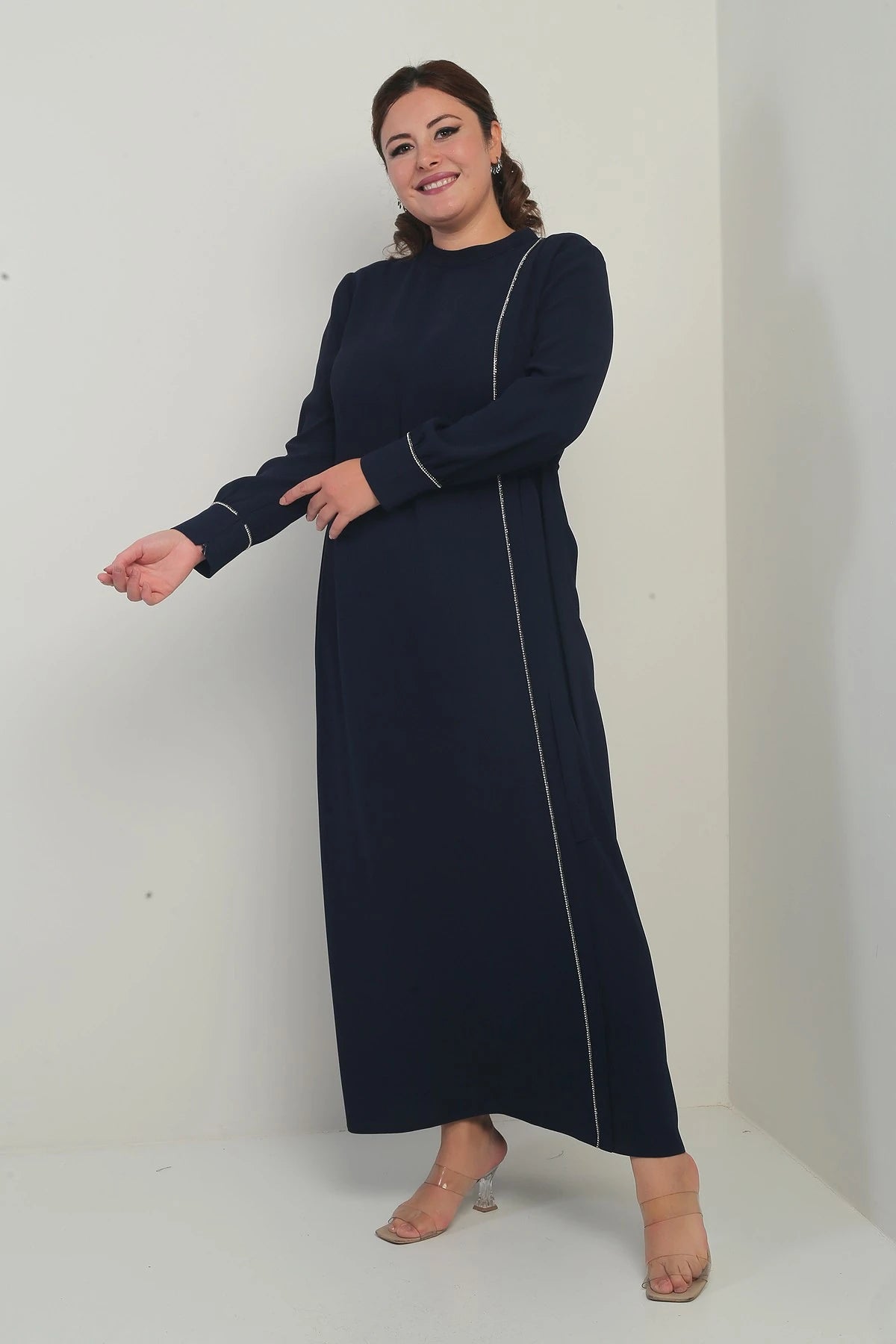 Image of Women's Plus Size Long Crepe Dress with Zippered Sleeves, Stone Embellishments, and Side Tie Closure