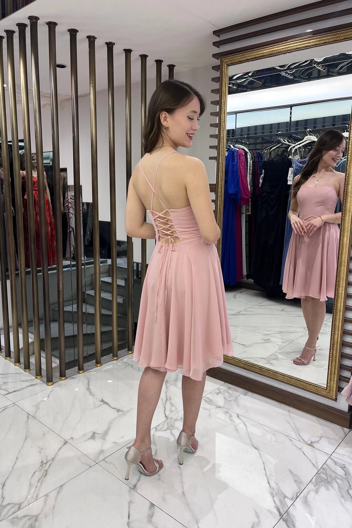 Image of Women's Strappy, Back-Tie, Front-Opening, Lined Chiffon Short Flared Dress