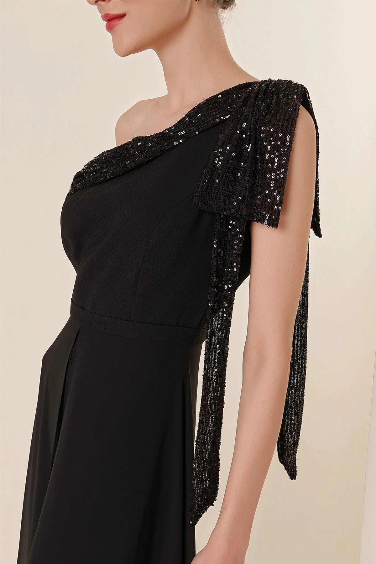 Image of Sequin Collar One-Shoulder Chiffon Crepe Jumpsuit