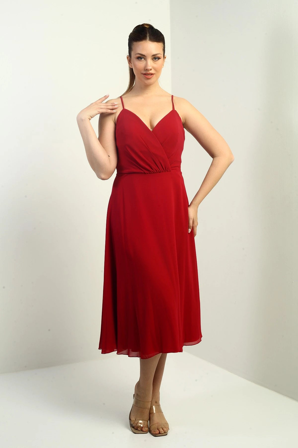 Image of Women's Strappy Wrap Neckline Lined Lace-Up Back Flared Chiffon Dress