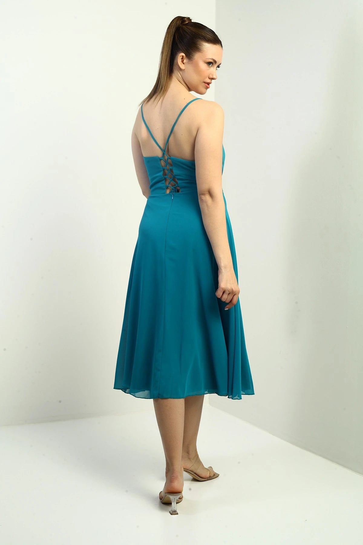 Image of Women's Strappy Wrap Neckline Lined Lace-Up Back Flared Chiffon Dress