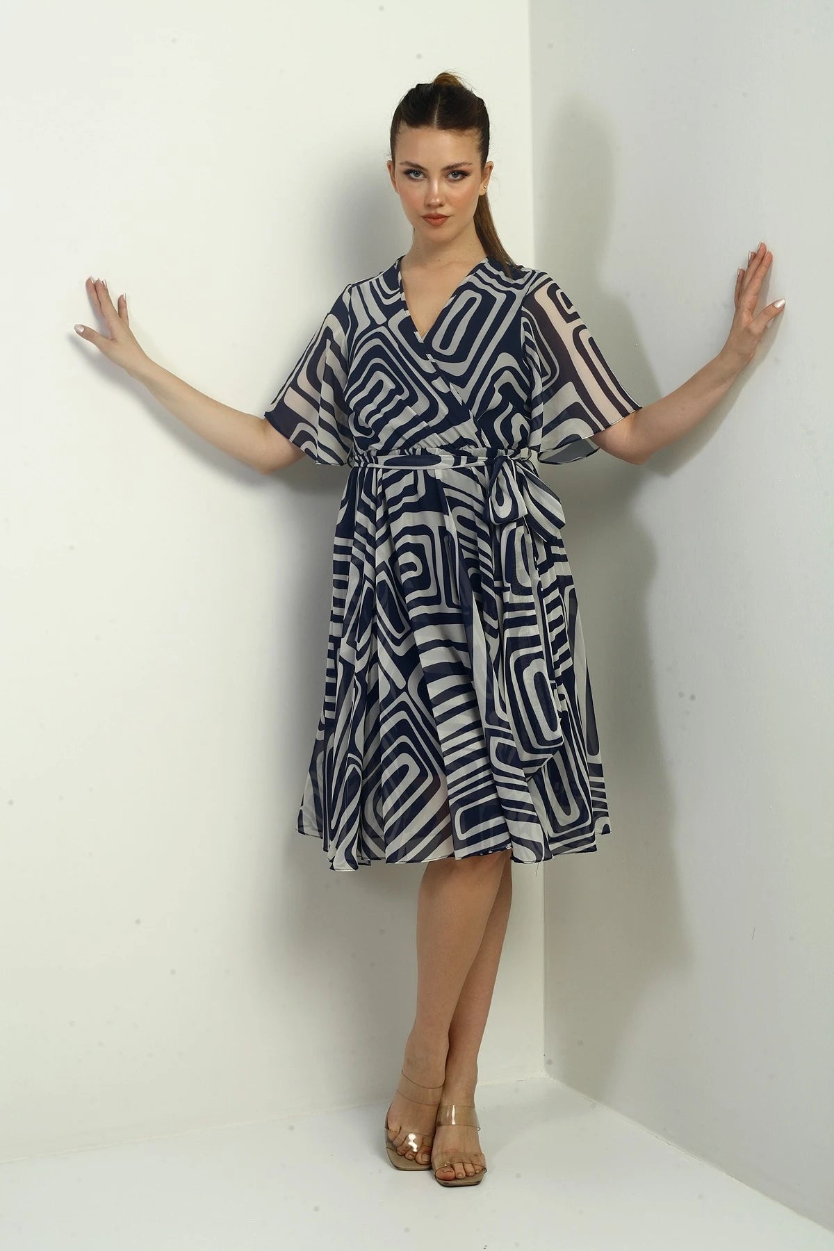Image of Women's Wrap Neckline Belted Lined Geometric Pattern Chiffon Dress