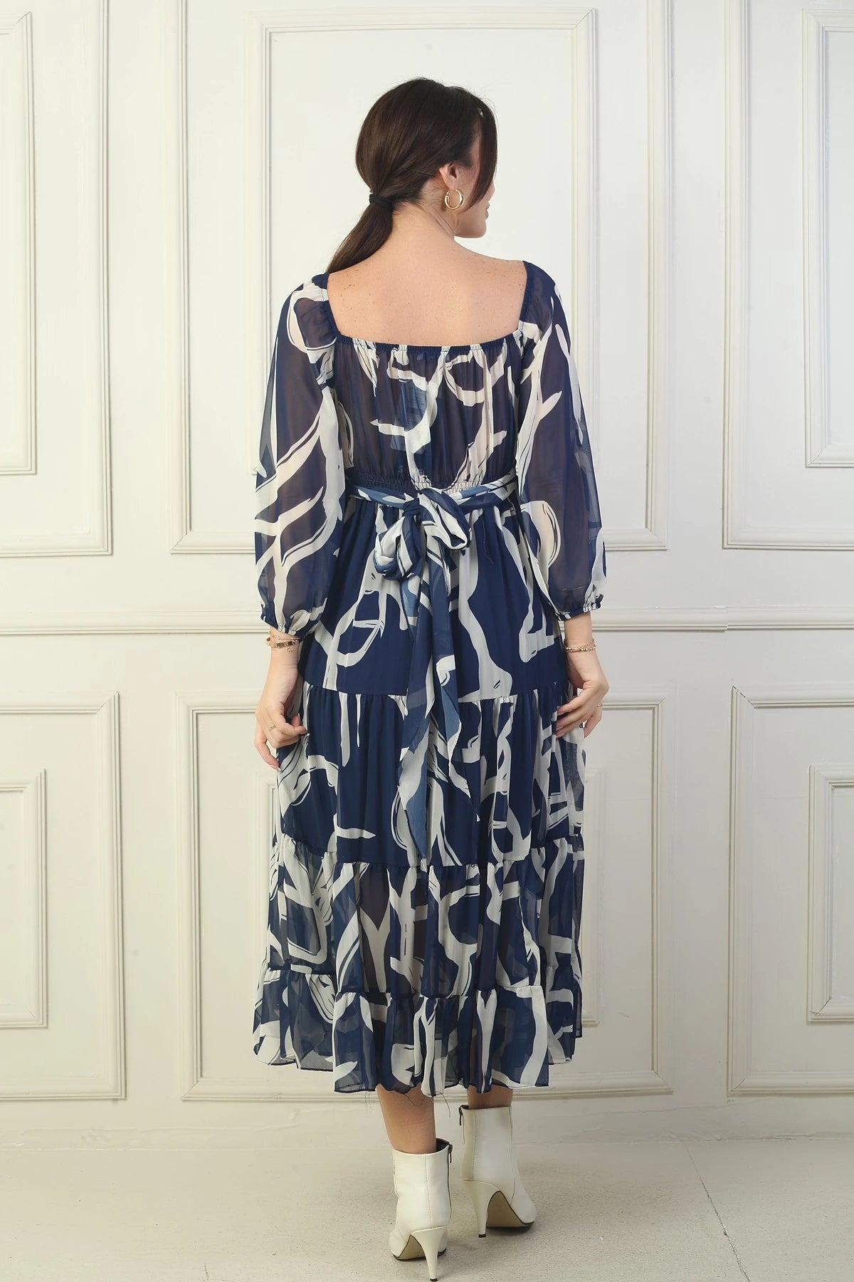 Image of Madonna Neckline Lined Cross-Tie Abstract Pattern Wrap Chiffon Dress