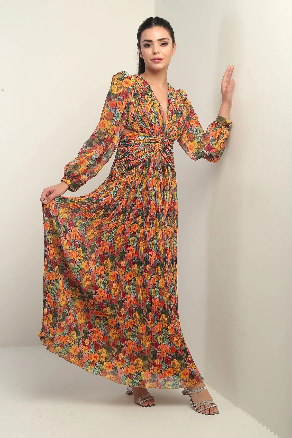 Image of Women's V-Neck Lined Floral Patterned Fully Pleated Chiffon Long Dress