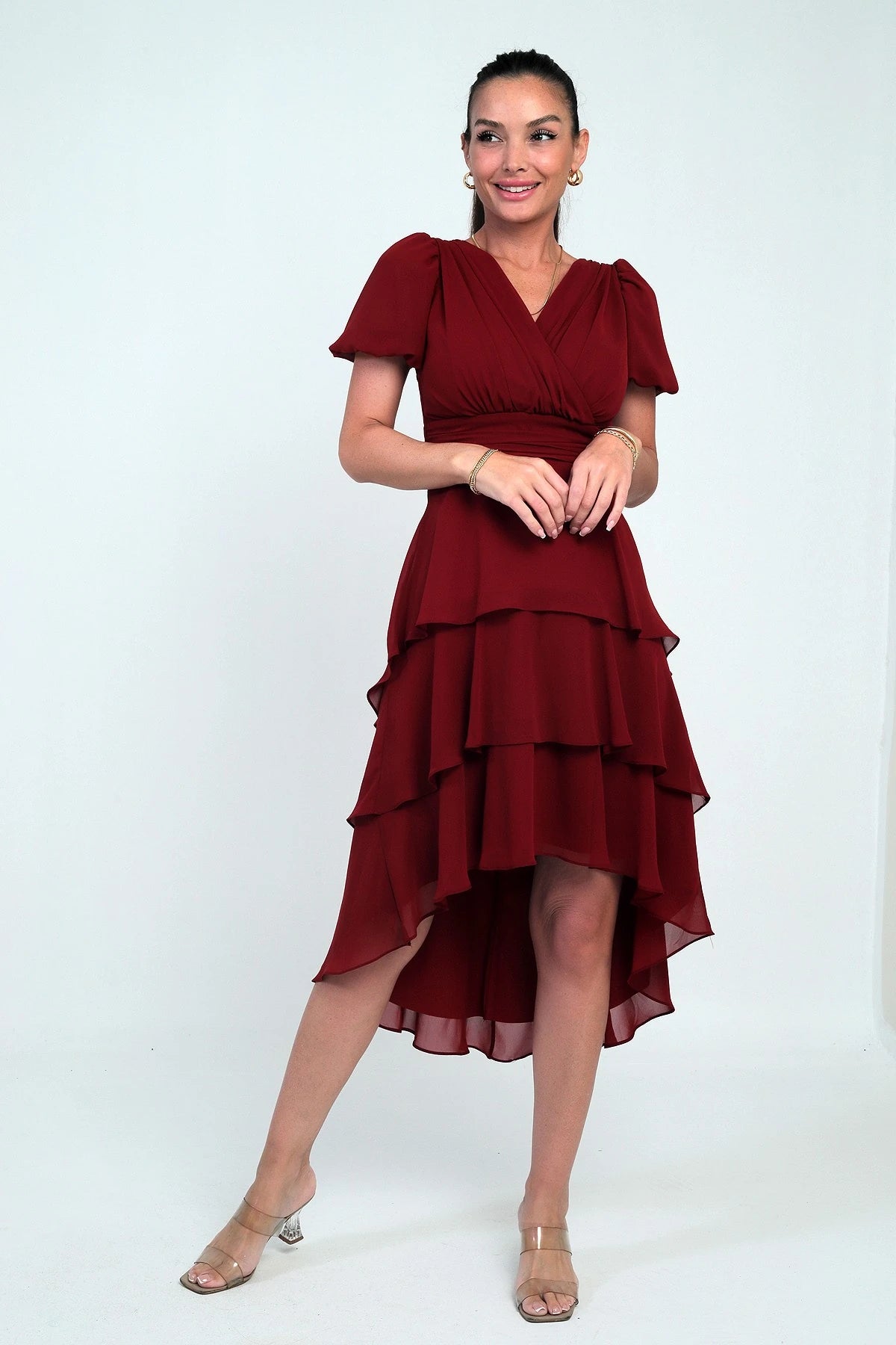Image of Women's Wrap Neckline Back Zipper Layered Pleated Chiffon Dress