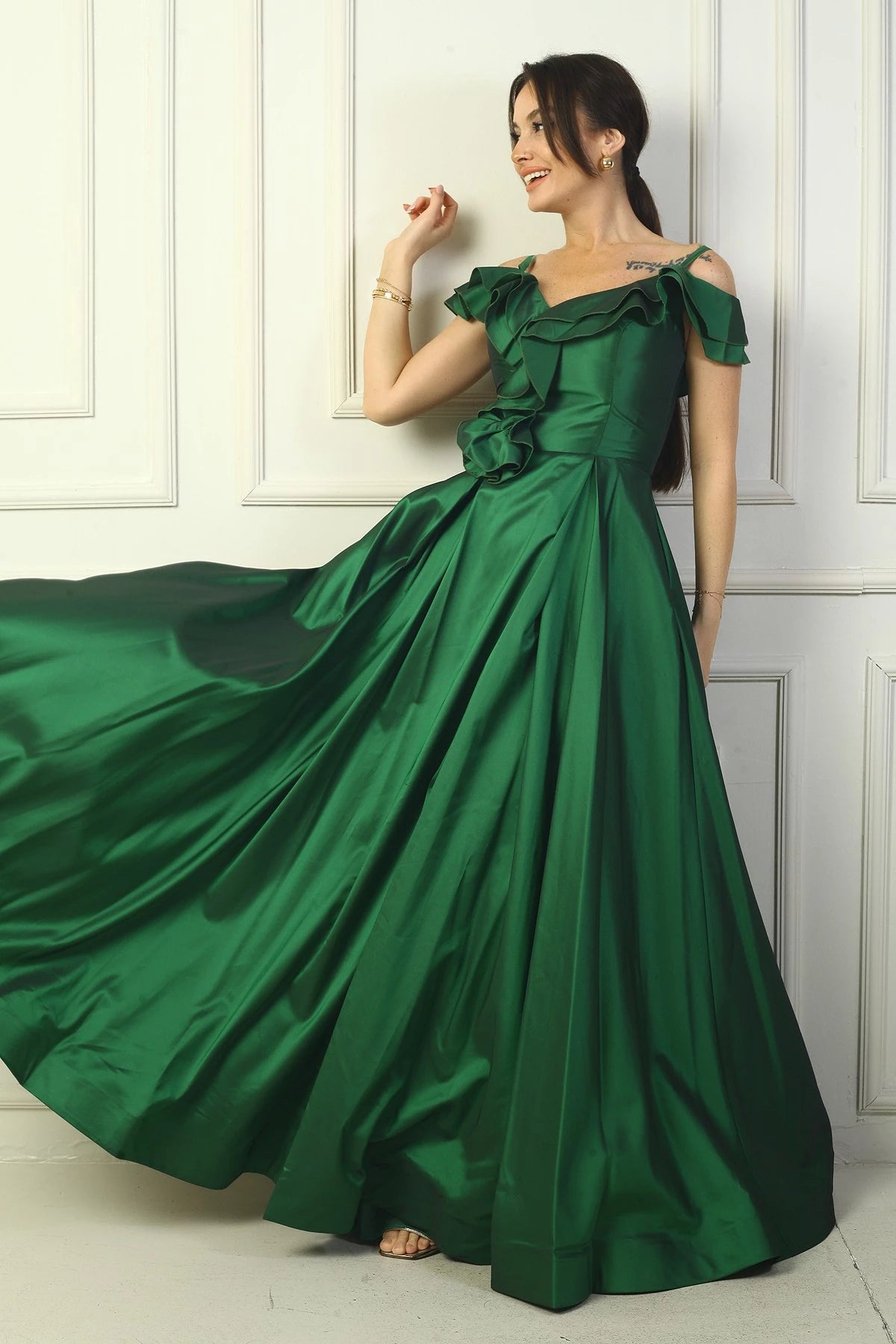 Image of Women's Strappy Boat Neck Long Taffeta Evening Dress with Rose Detail, Lined, and Pockets