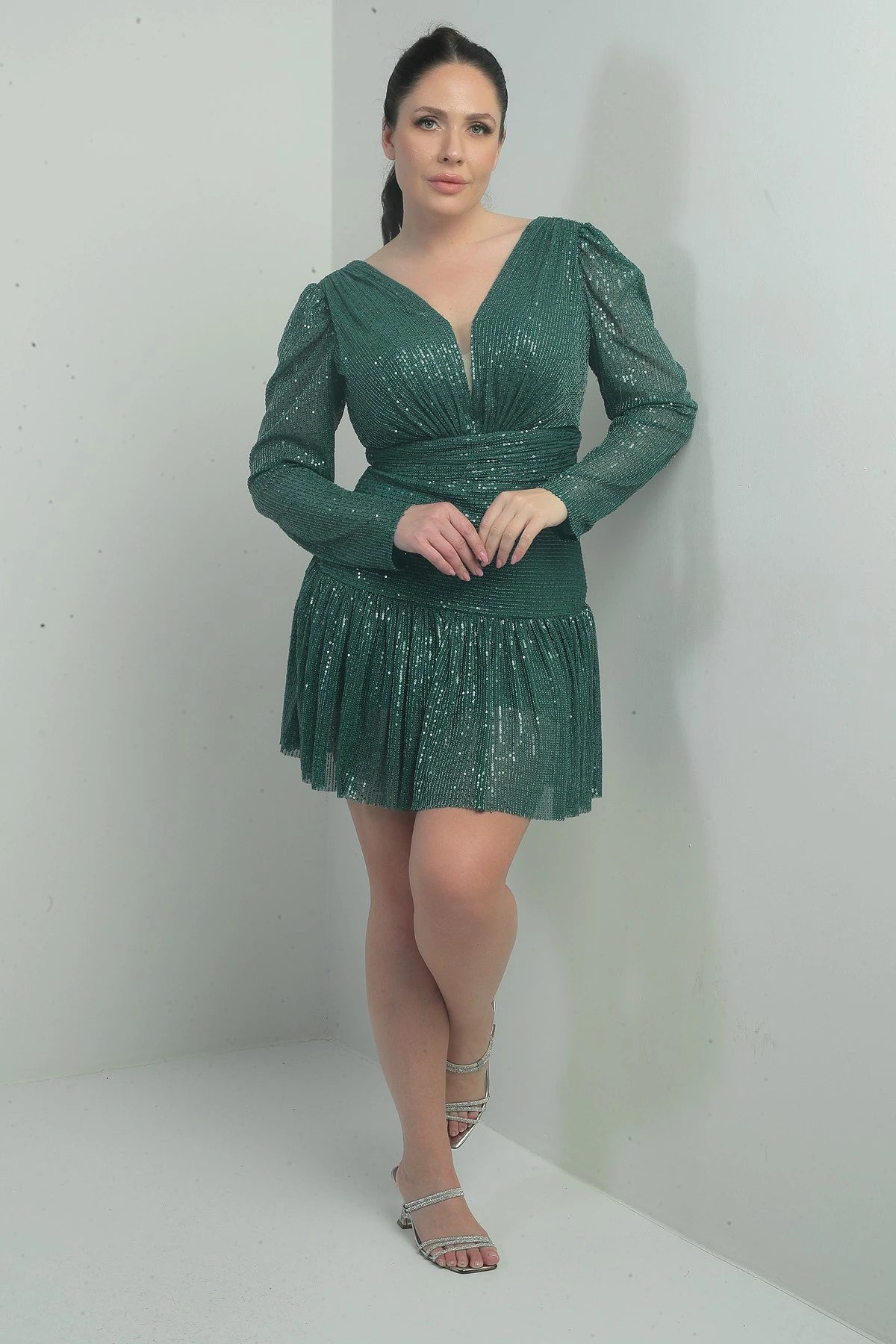 Image of Women's Front and Back V-Neck Lined Draped Long Sleeved Plus Size Sequin Dress