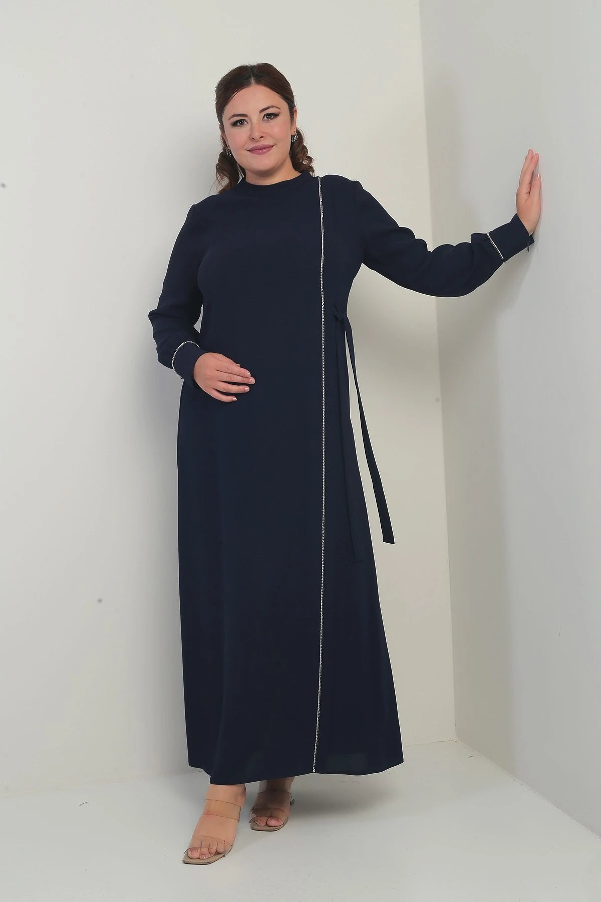 Image of Women's Plus Size Long Crepe Dress with Zippered Sleeves, Stone Embellishments, and Side Tie Closure
