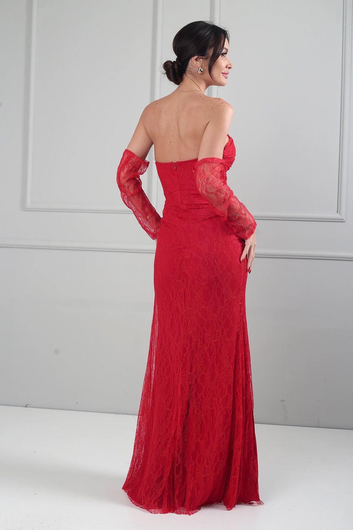 Image of Kadın 3 Parçalı Tasarım Abiye Straplez Önü Büzgülü Astarlı Uzun Elbise Dik Yaka Dantel Bluz