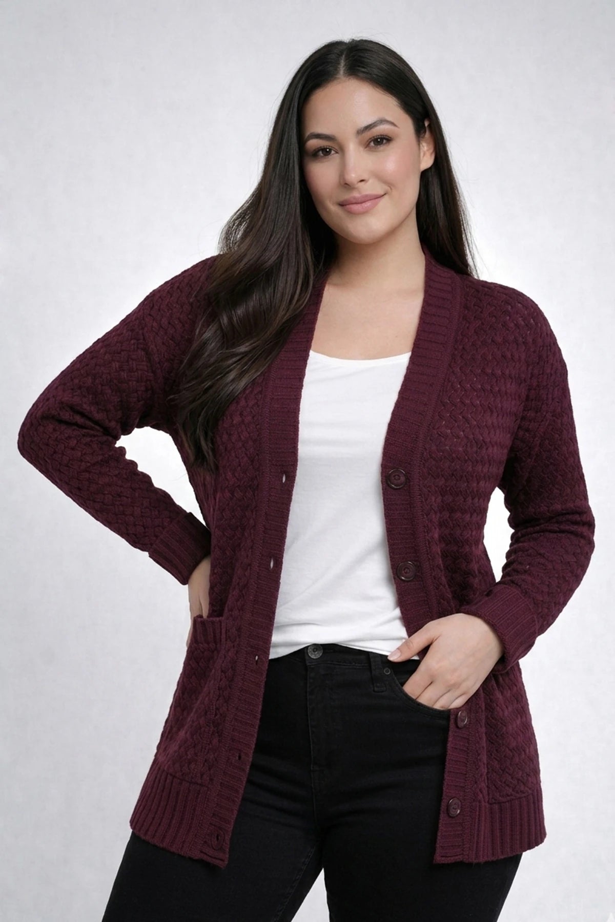 Image of Women's Basket Weave Pattern Pocketed Tunic Cardigan