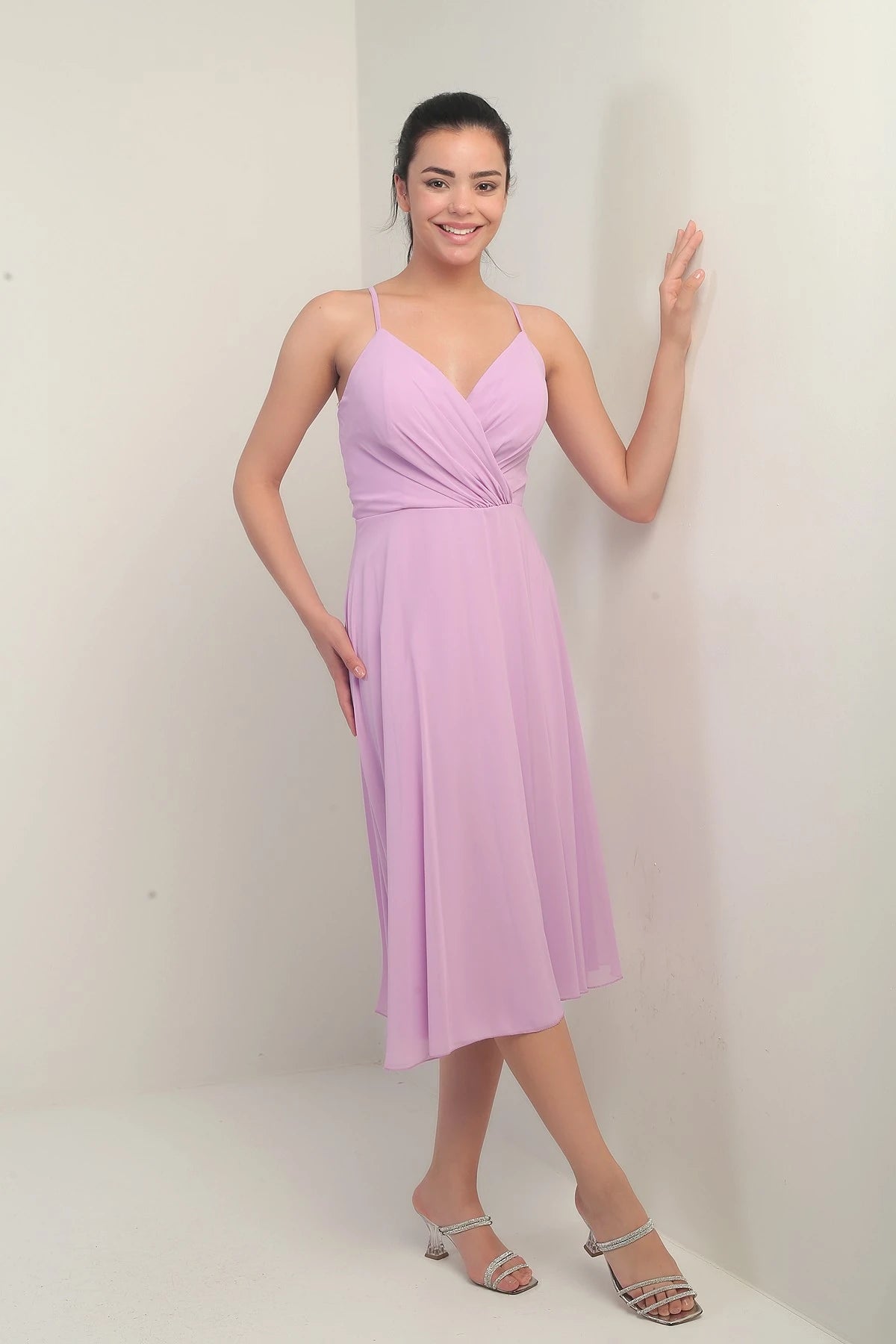 Image of Women's Strappy Wrap Neckline Lined Lace-Up Back Flared Chiffon Dress