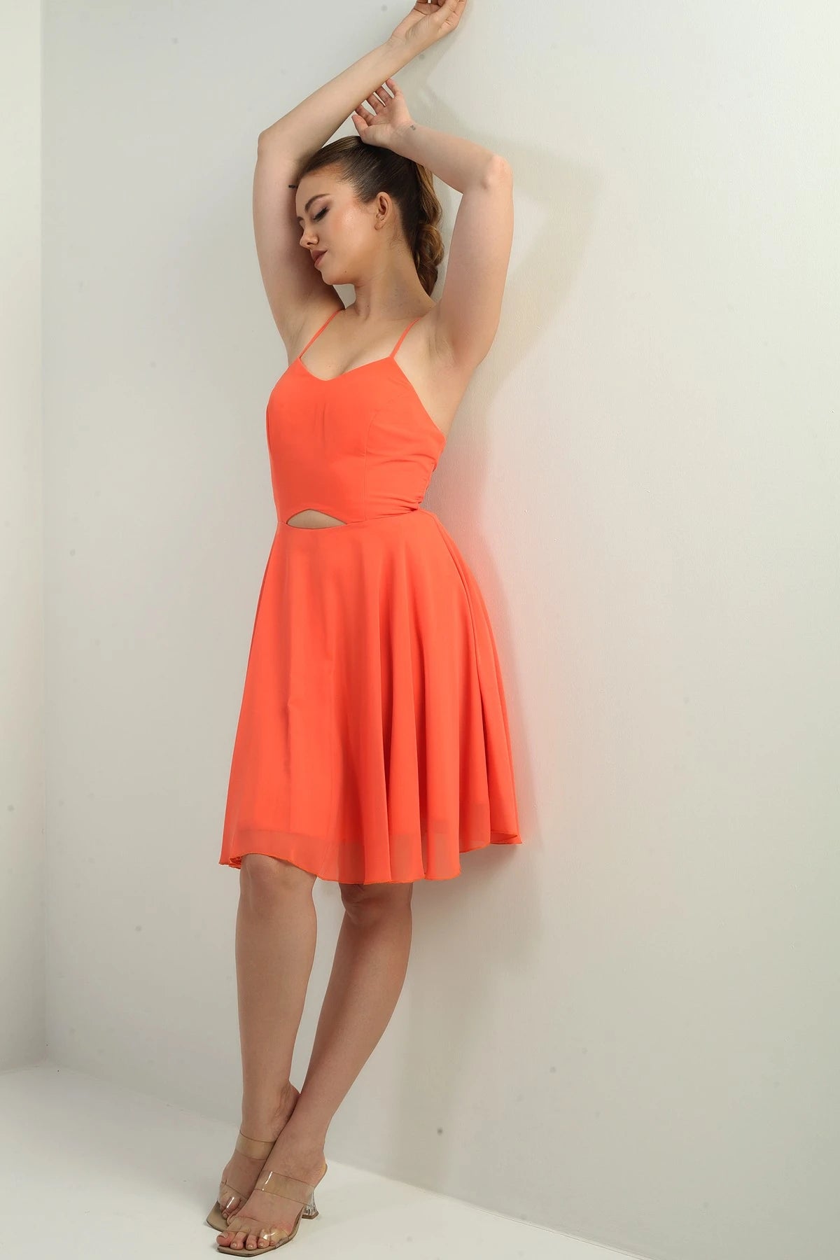 Image of Women's Strappy, Back-Tie, Front-Opening, Lined Chiffon Short Flared Dress
