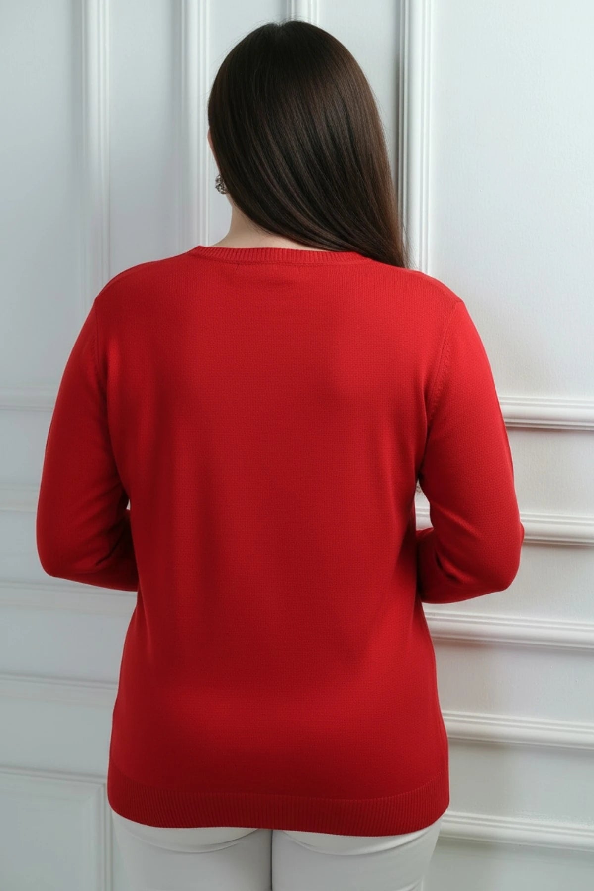 Image of Women's V-Neck Plus Size Knitted Blouse with Glitter Detail on the Front
