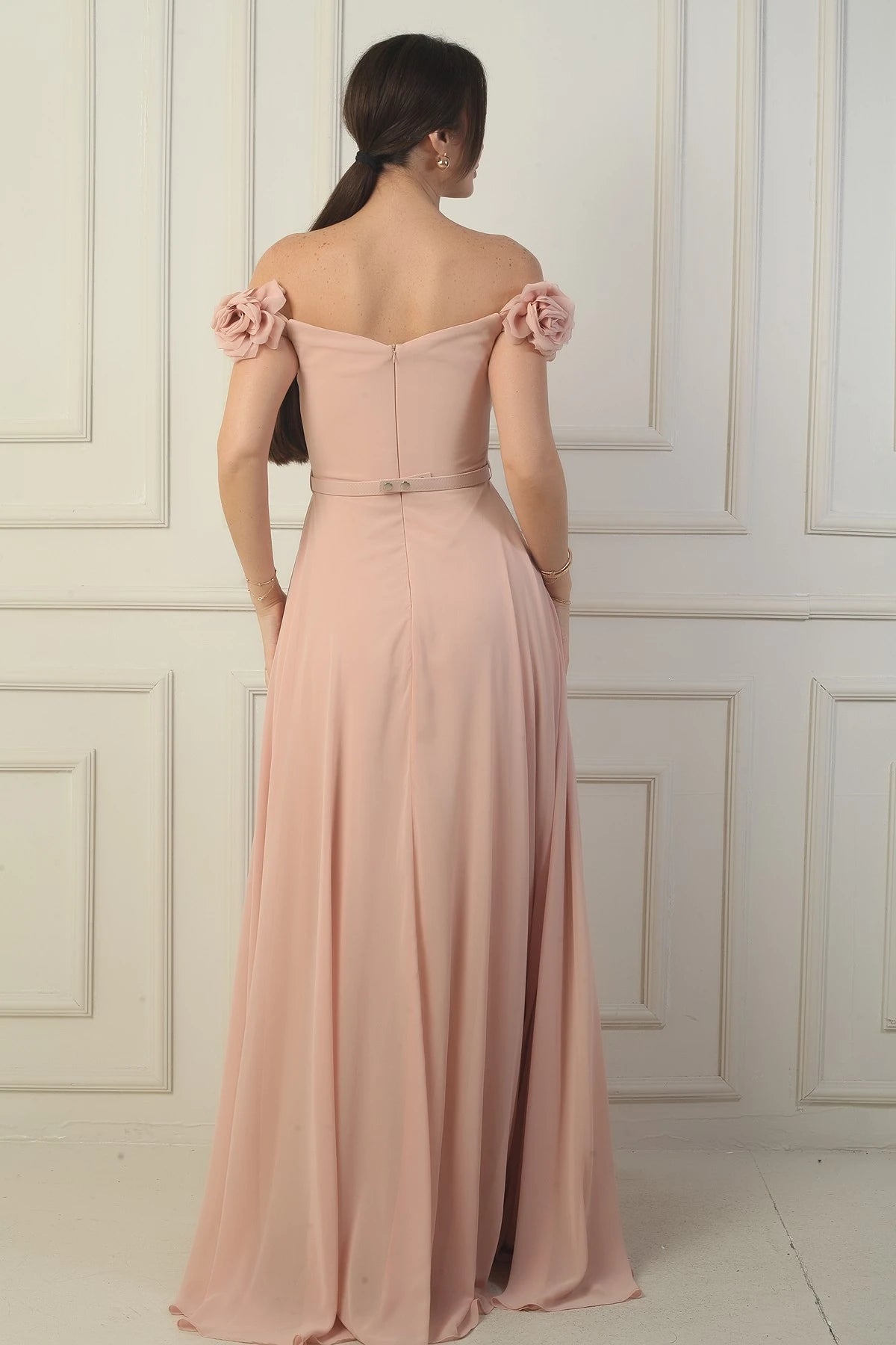 Image of Women's Long Chiffon Dress with Laser-Cut Floral Neckline and Lining, Belted Waist