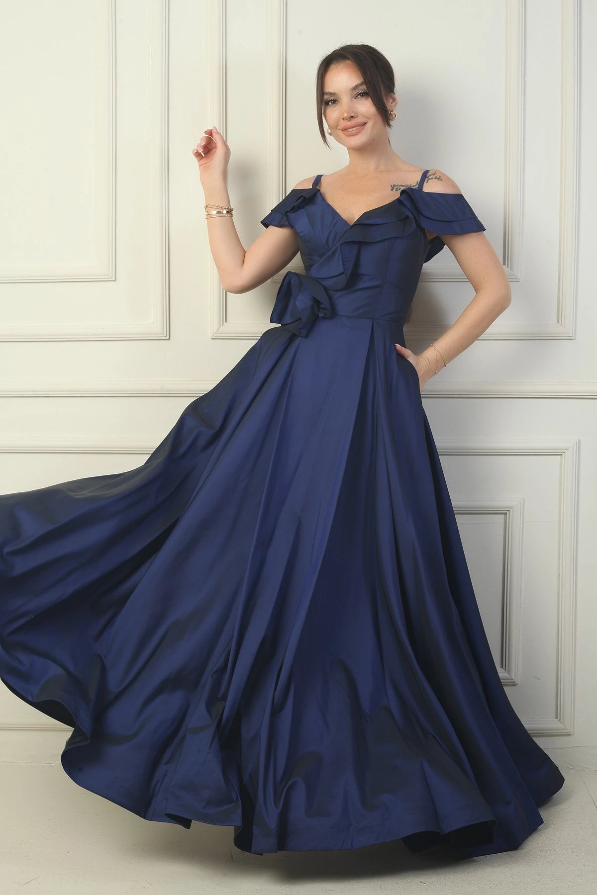 Image of Women's Strappy Boat Neck Long Taffeta Evening Dress with Rose Detail, Lined, and Pockets