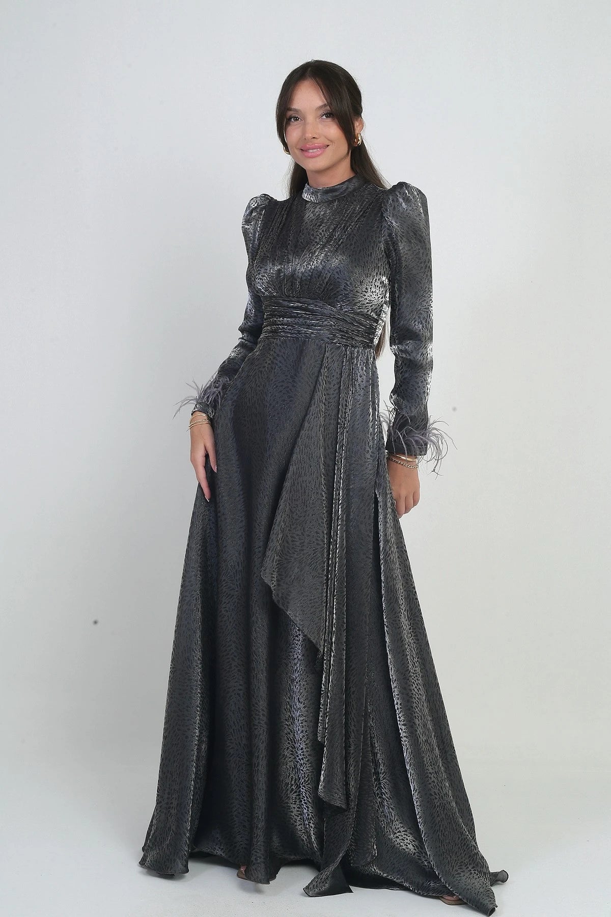 Image of Women's Long Flared Dress in Griter Chiffon with Draped Front, Ruffle Detail, Lined, and Feathered Sleeves.