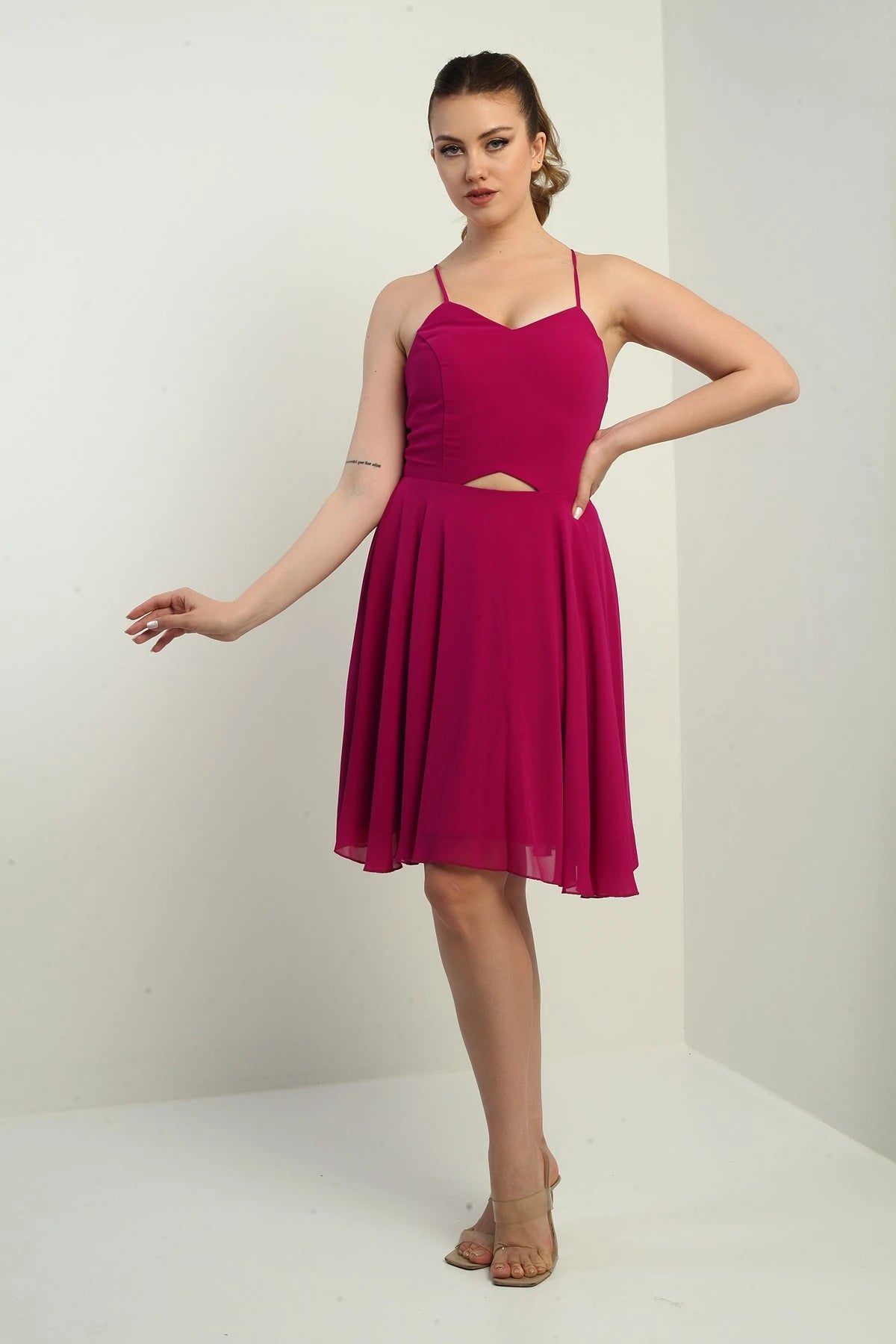 Image of Women's Strappy, Back-Tie, Front-Opening, Lined Chiffon Short Flared Dress