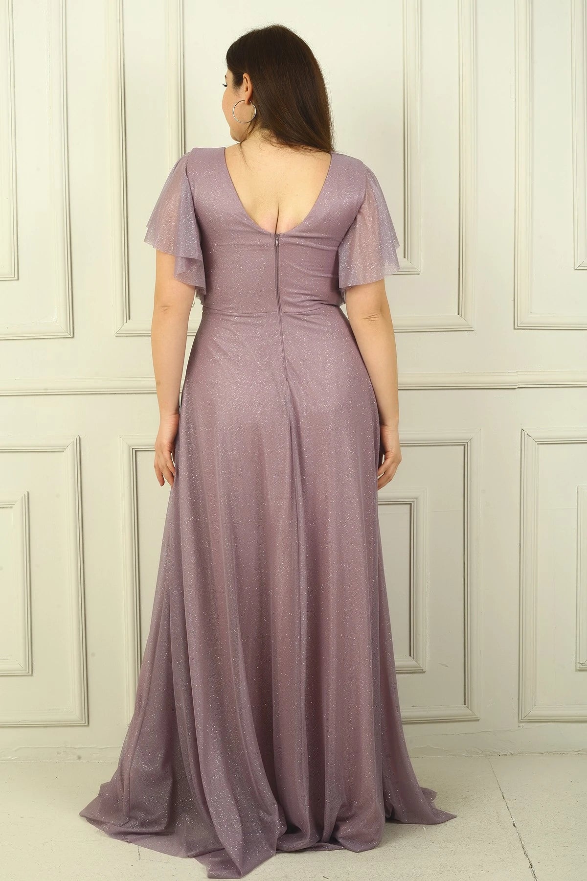 Image of Women's Front and Back V-Neck Waist Embellished, Lined, Glittery Plus Size Evening Dress
