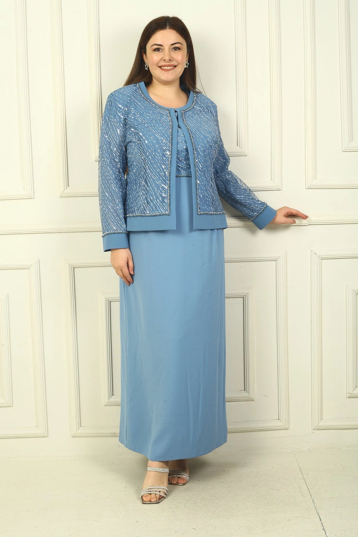 Image of Women's Beaded and Sequin Embellished Tulle Jacket, Half-Moon Sleeve Long Dress, Lined, Plus Size Two-Piece Set