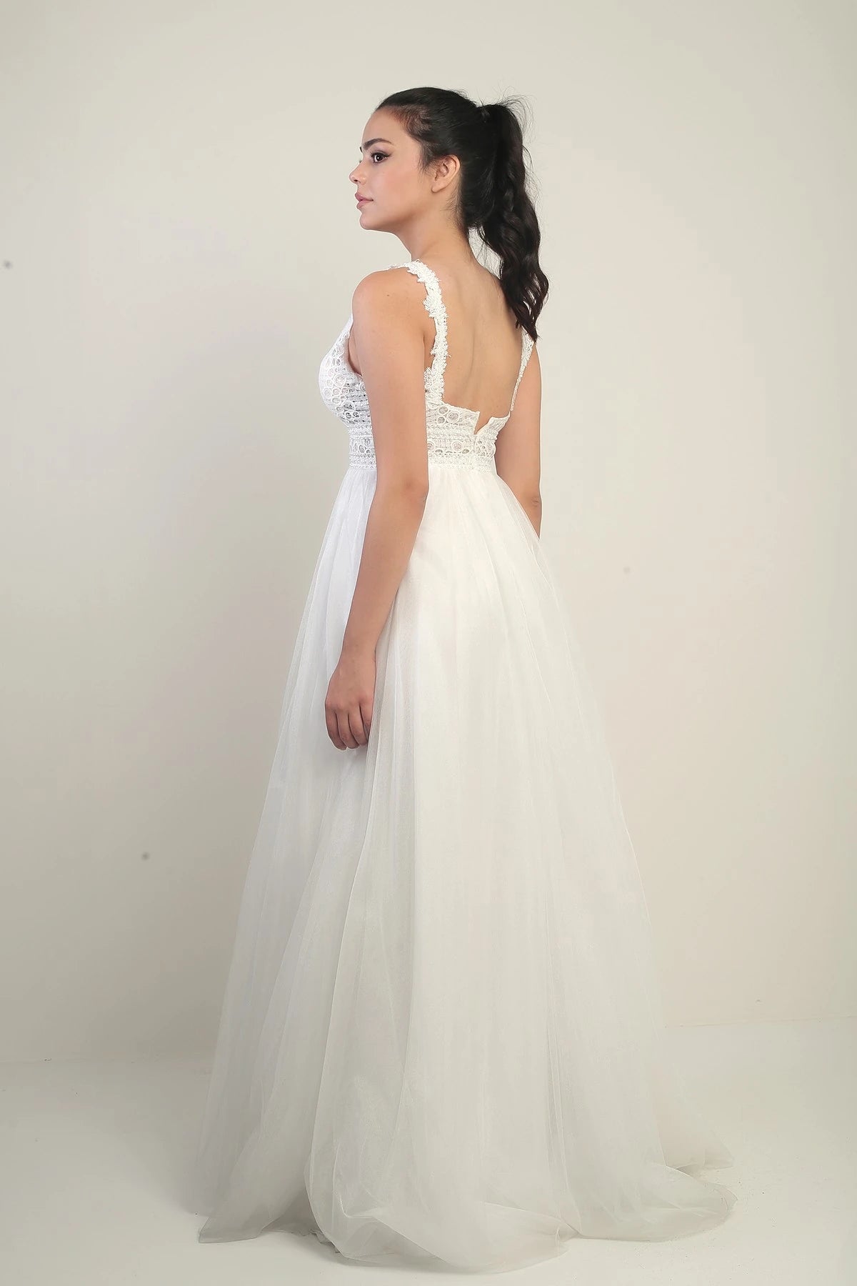Image of Women's V-Neck Thick Strap Lined Long Princess Gown with Lace and Tulle Embellishments