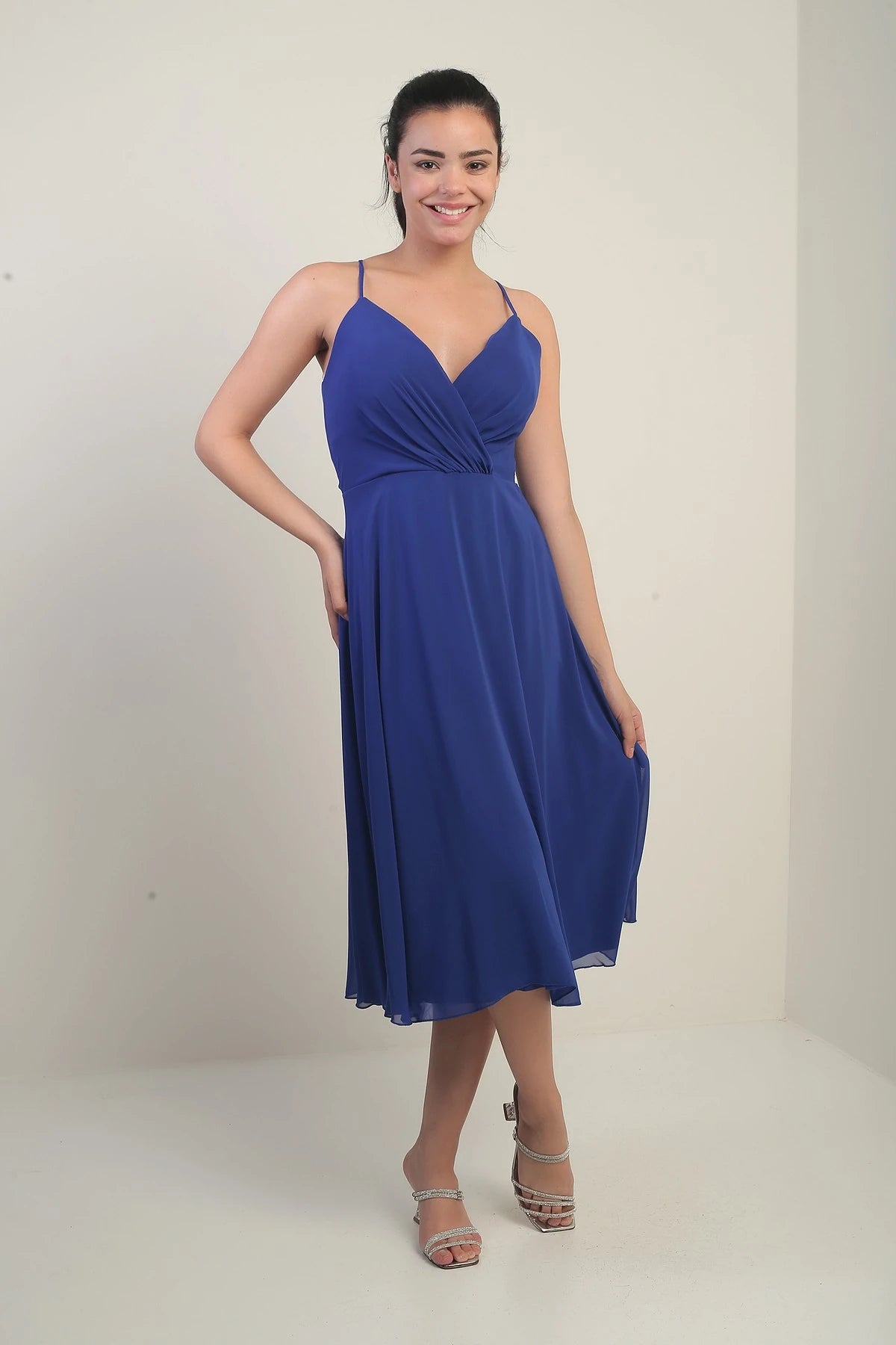 Image of Women's Strappy Wrap Neckline Lined Lace-Up Back Flared Chiffon Dress