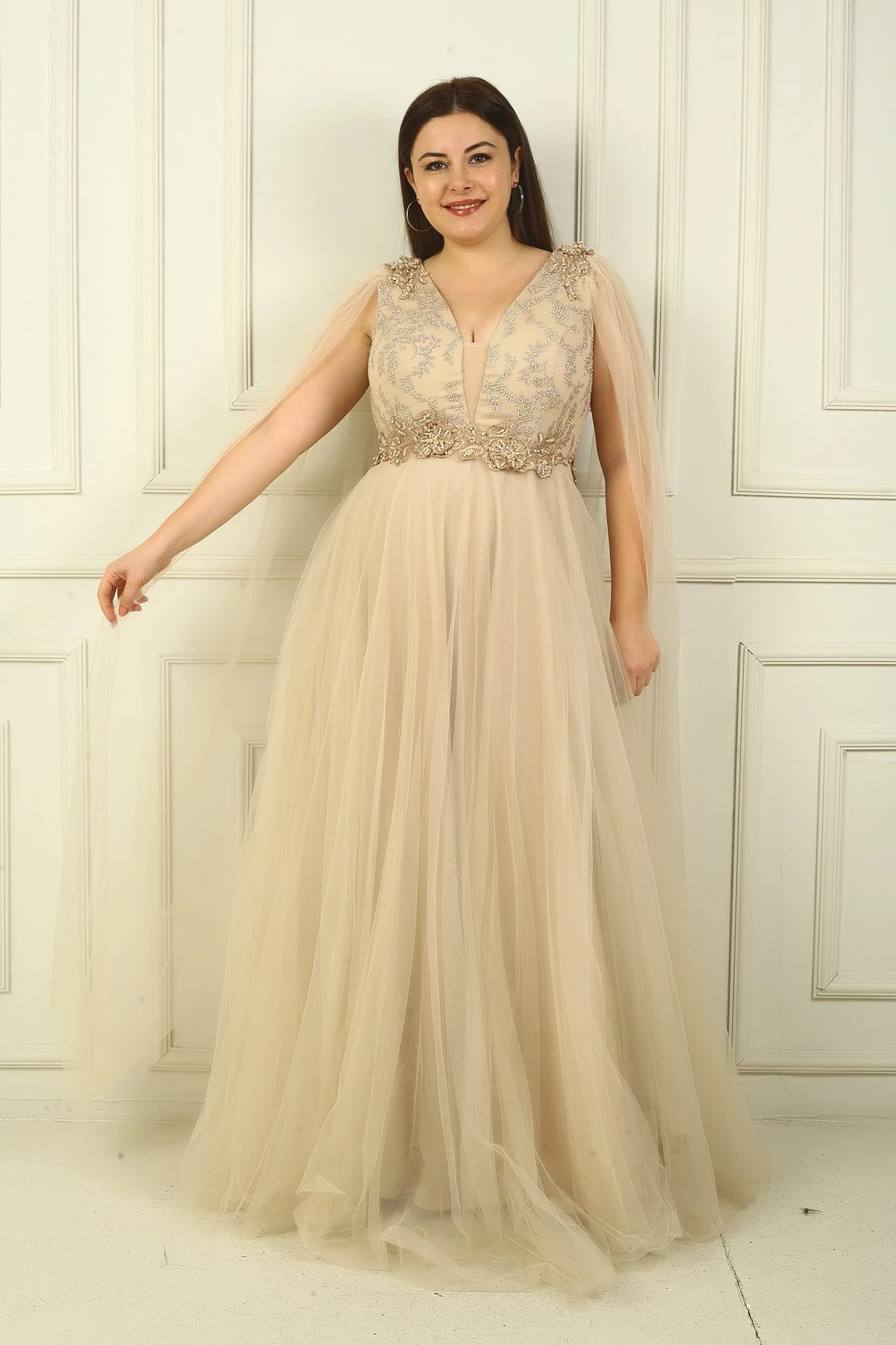 Image of Women's Front and Back V-Neck Long Tulle Evening Dress with Beaded Embellishment and Wide Waistline.
