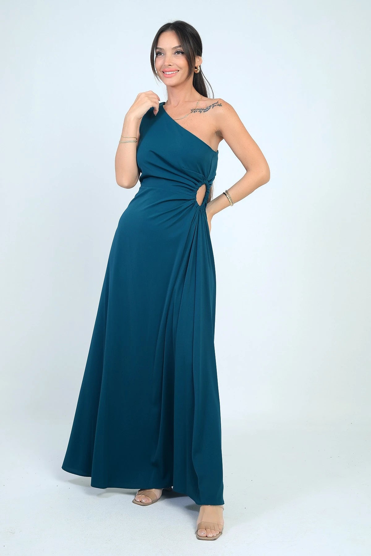 Image of Women's One-Shoulder Long Crepe Satin Dress with Side Window Detail