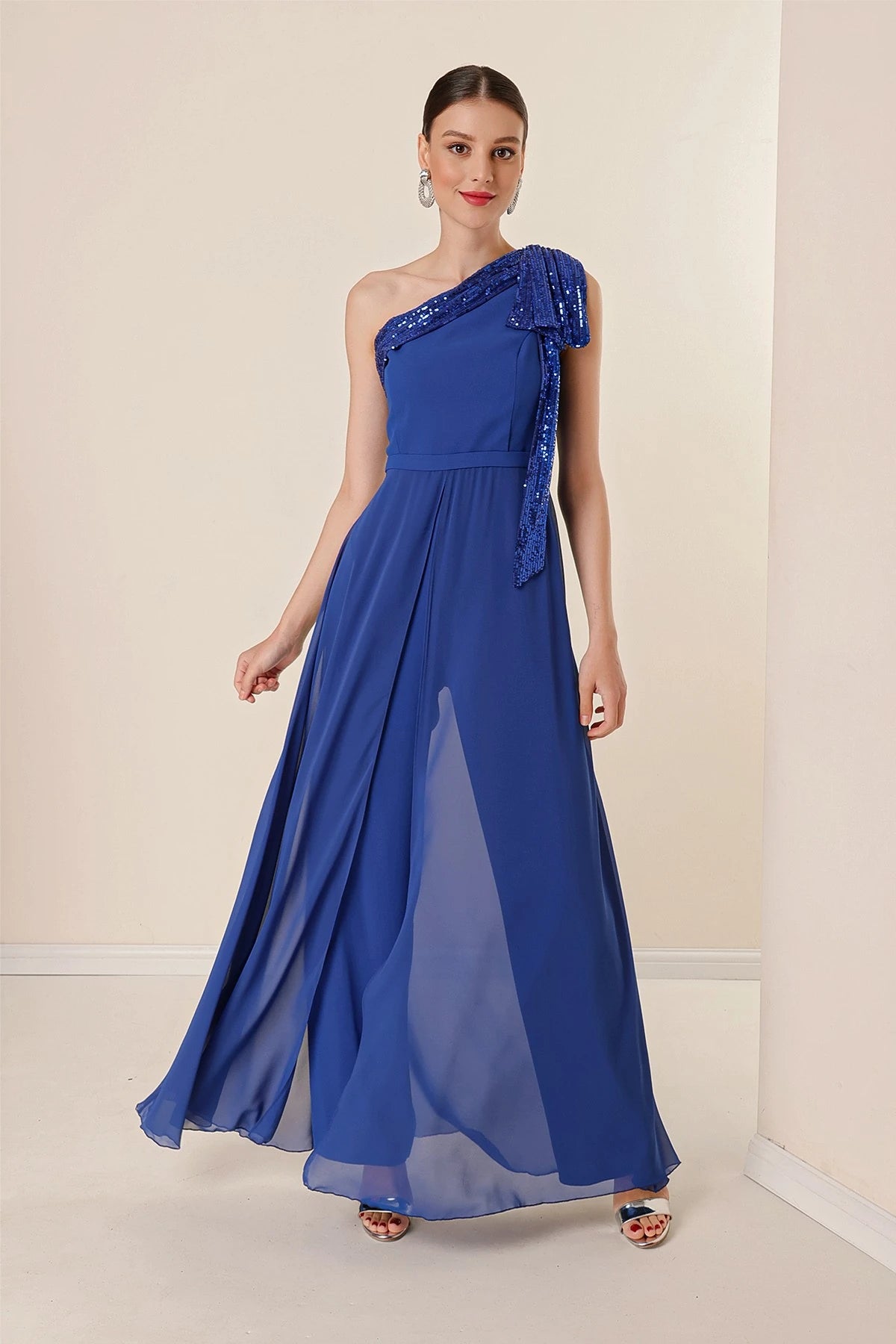 Image of Sequin Collar One-Shoulder Chiffon Crepe Jumpsuit