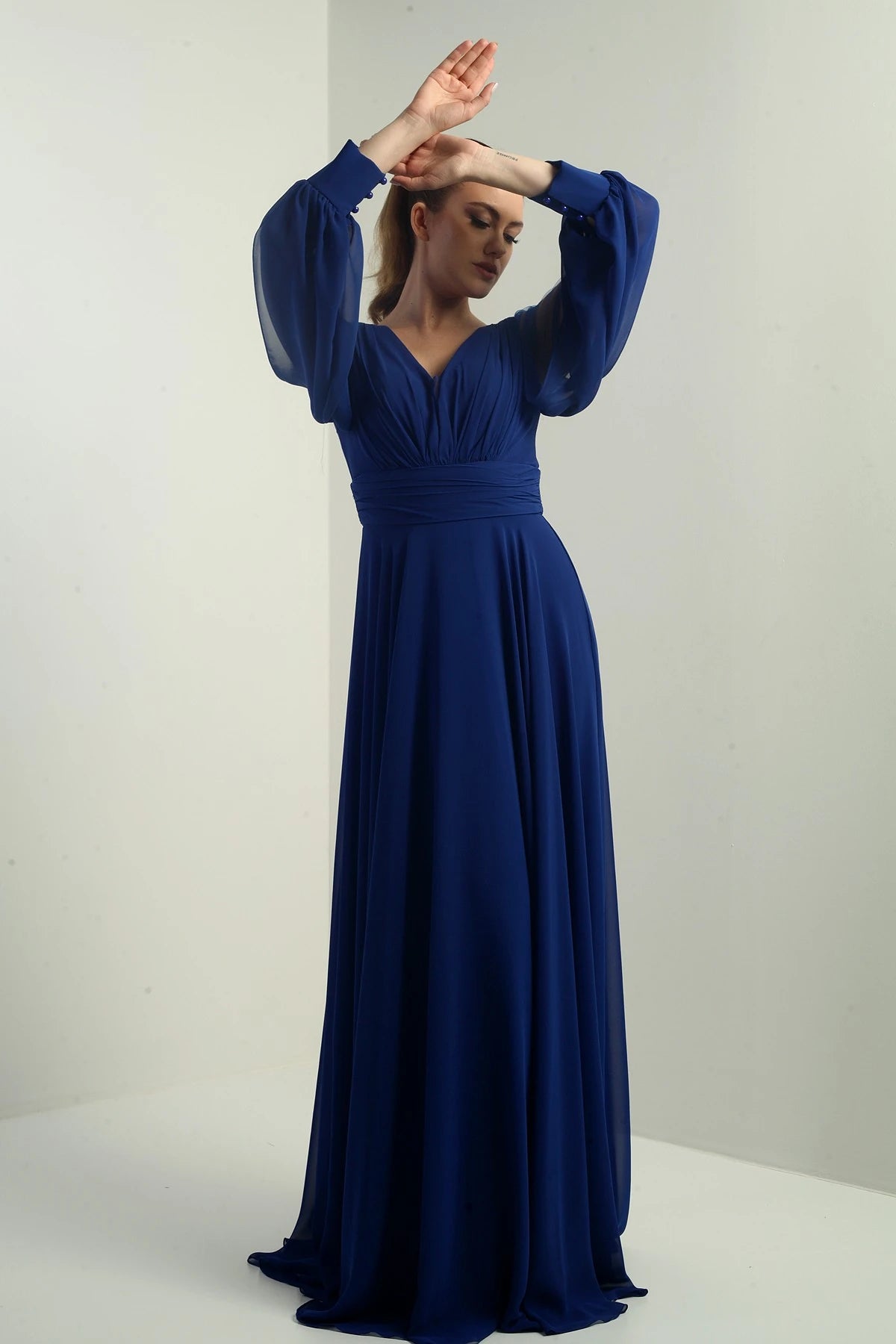 Image of Front and back V-neck, draped front, tulle sleeves, lined, wide-length chiffon dress.
