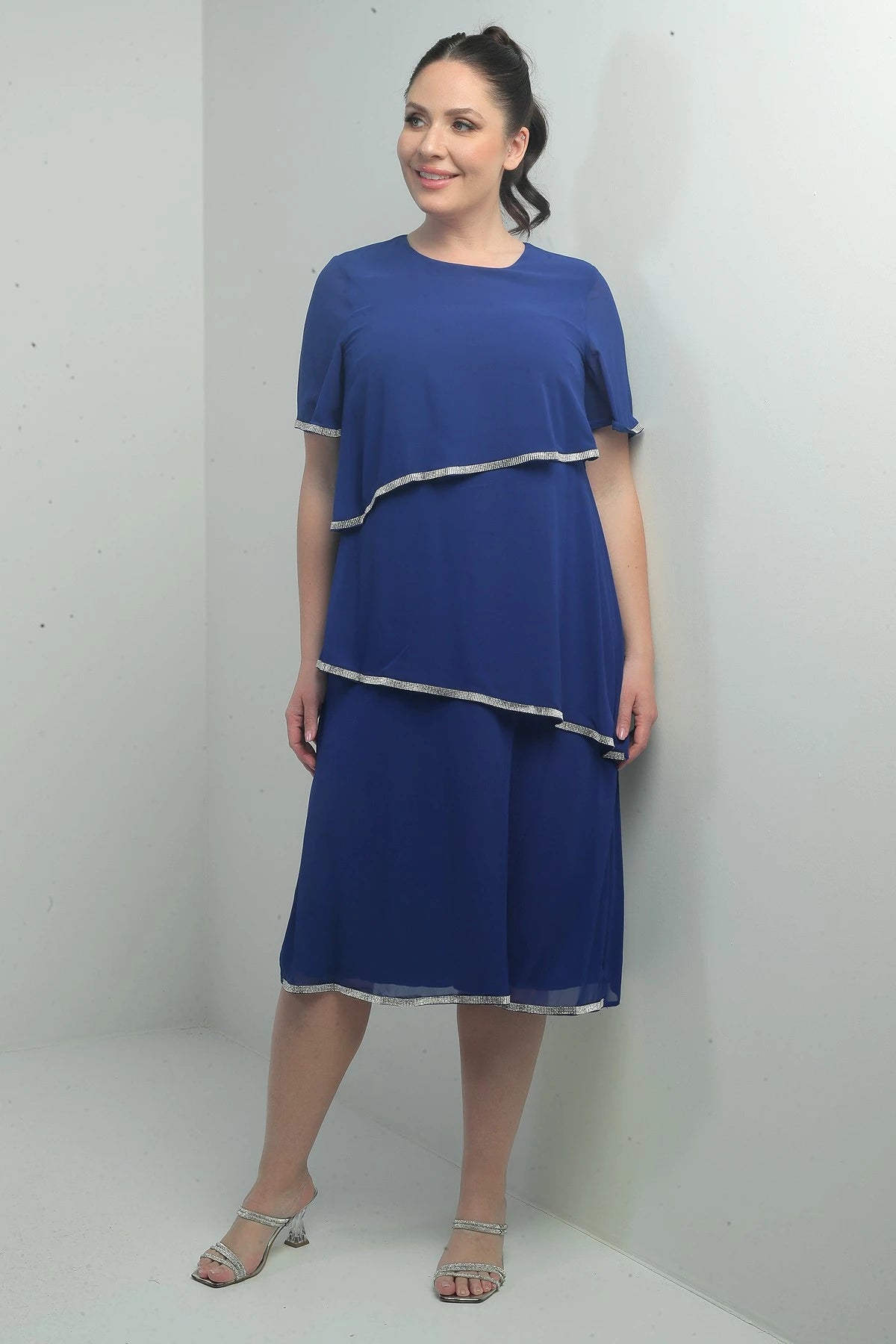 Image of Women's Plus Size Dress with Stone Embellishments, Lined, Short Sleeves, and Three Layers of Chiffon.
