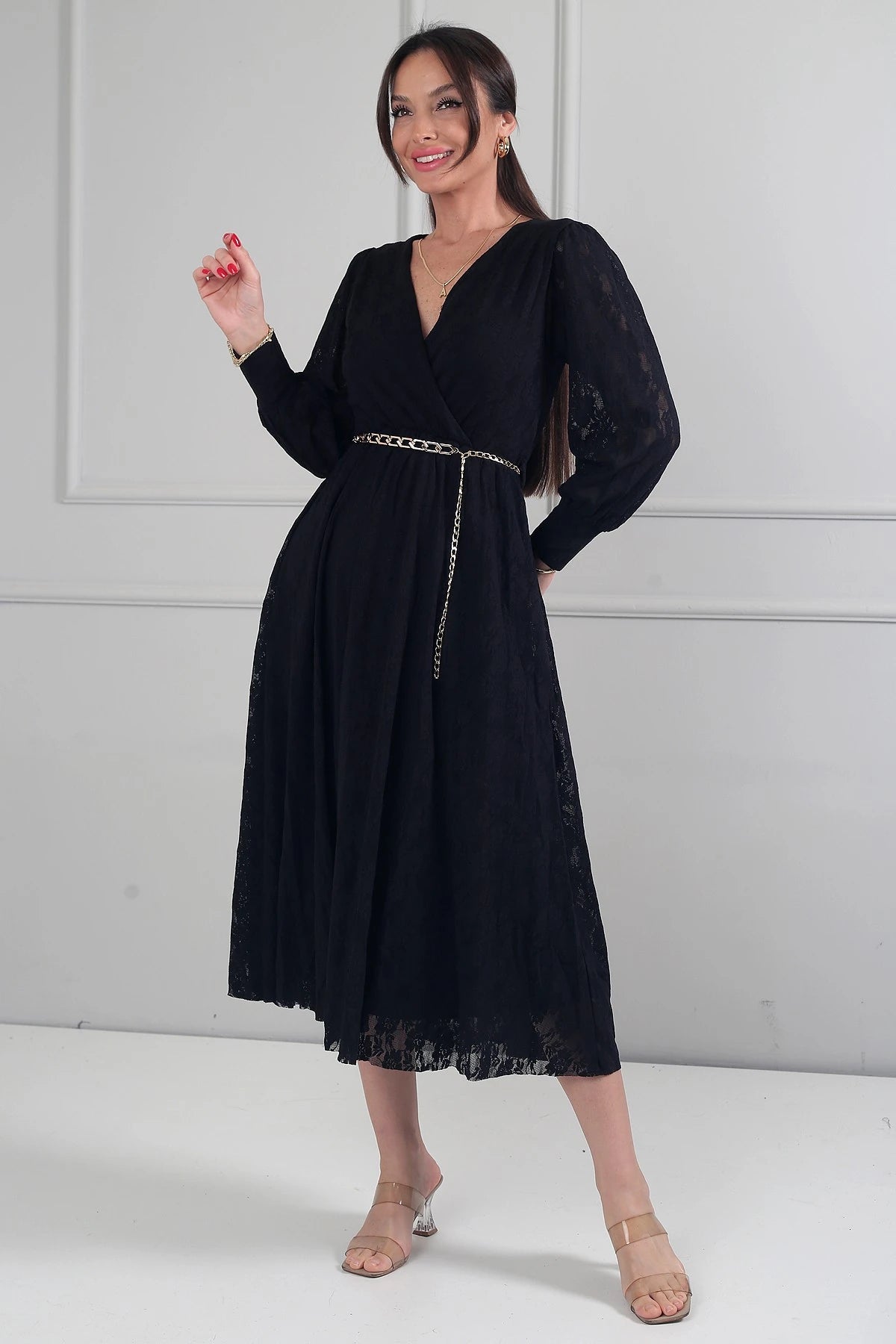 Image of Rochie midi din dantelă cu mânecă lungă și căptușeală, cu decolteu înfășurat și decolteu înfășurat pentru femei