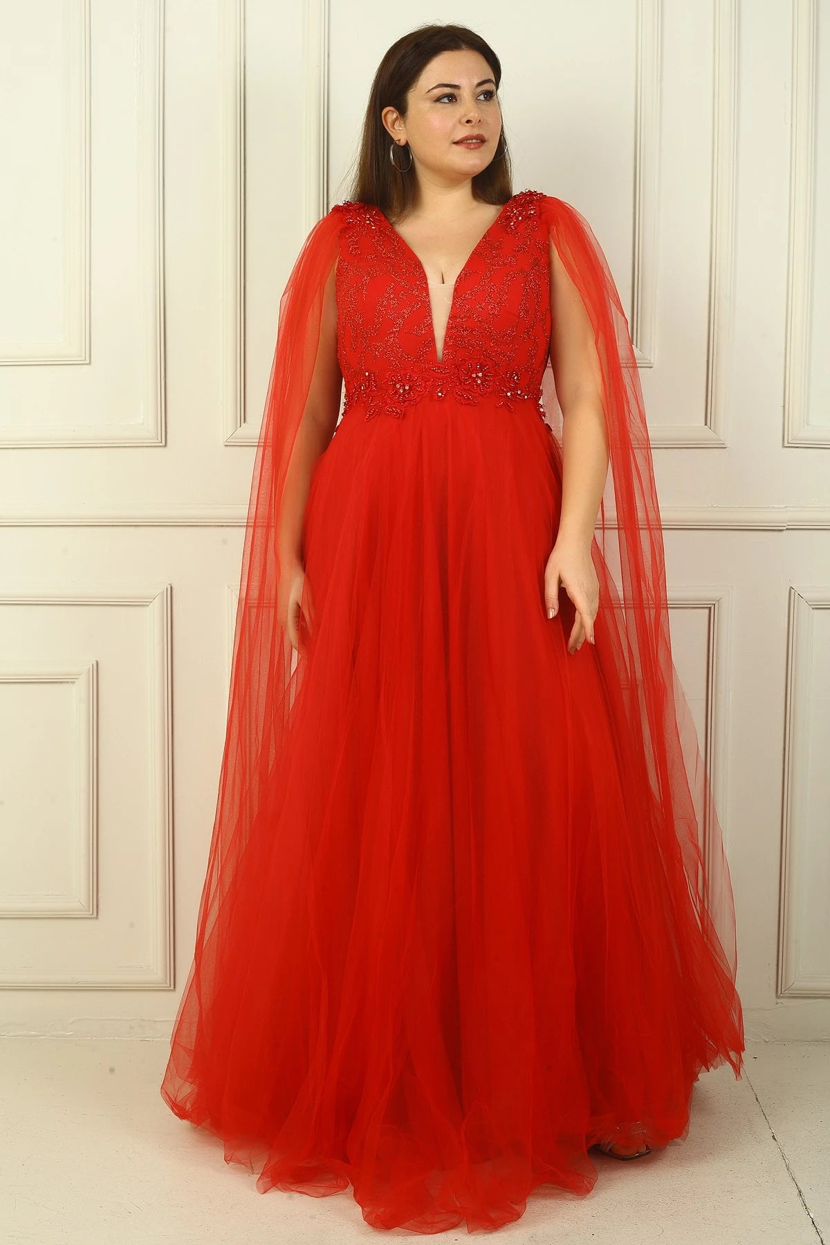 Image of Women's Front and Back V-Neck Long Tulle Evening Dress with Beaded Embellishment and Wide Waistline.