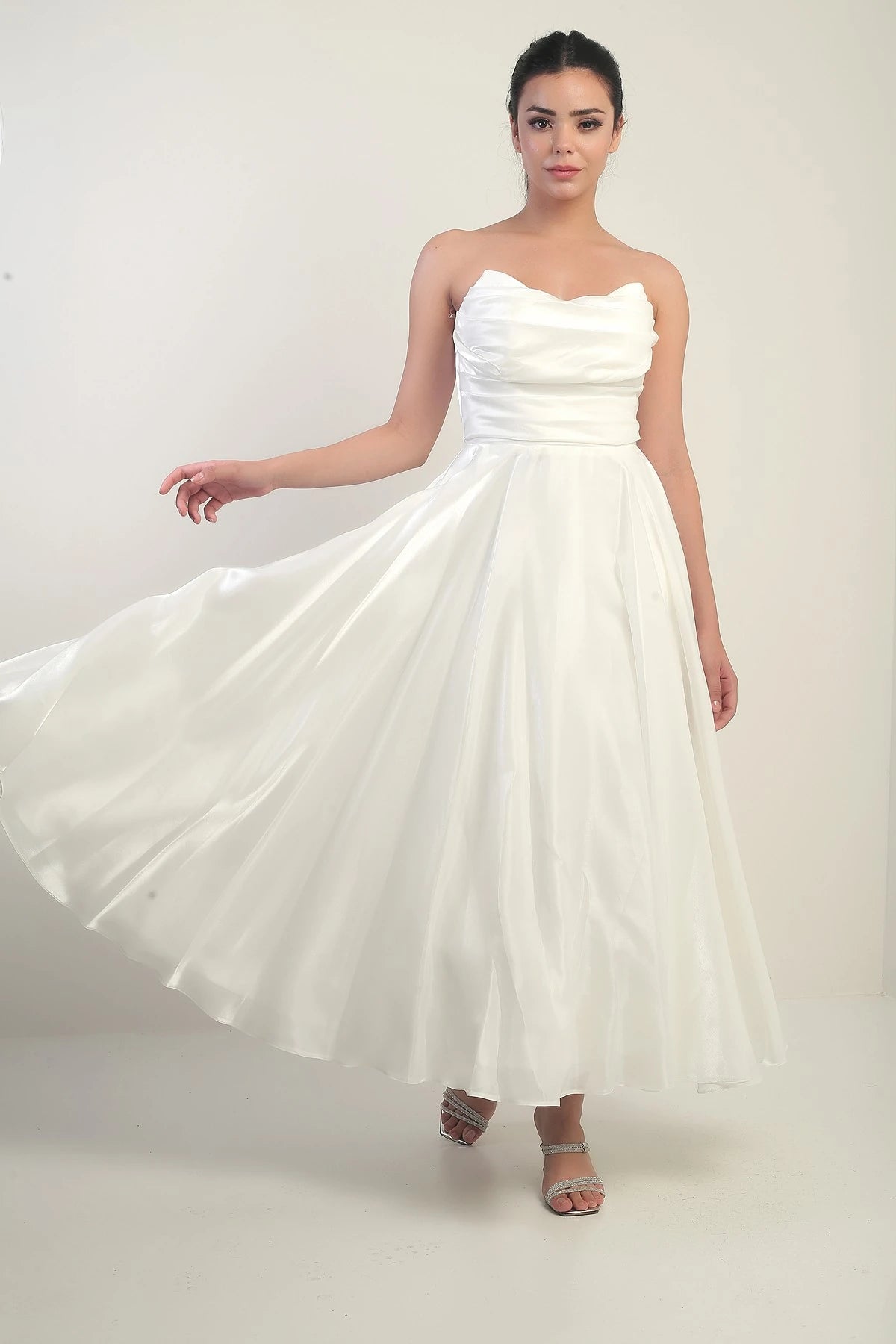 Image of Rochie midi din satin organza, fără bretele, cu decolteu în V pentru femei