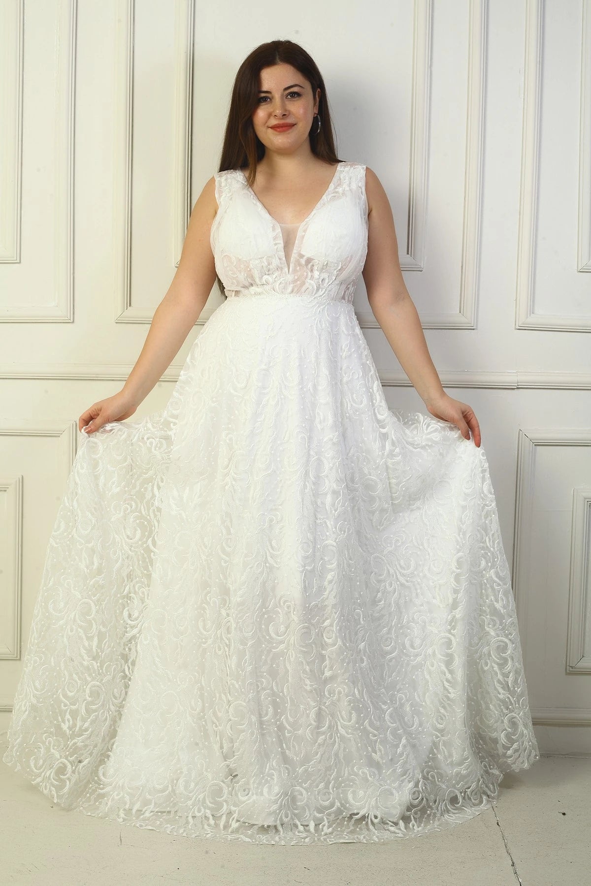 Image of Women's Front and Back V-Neck, Bust Pleat, Back Lace-up, Lined, Glitter Flock Print Long Evening Dress