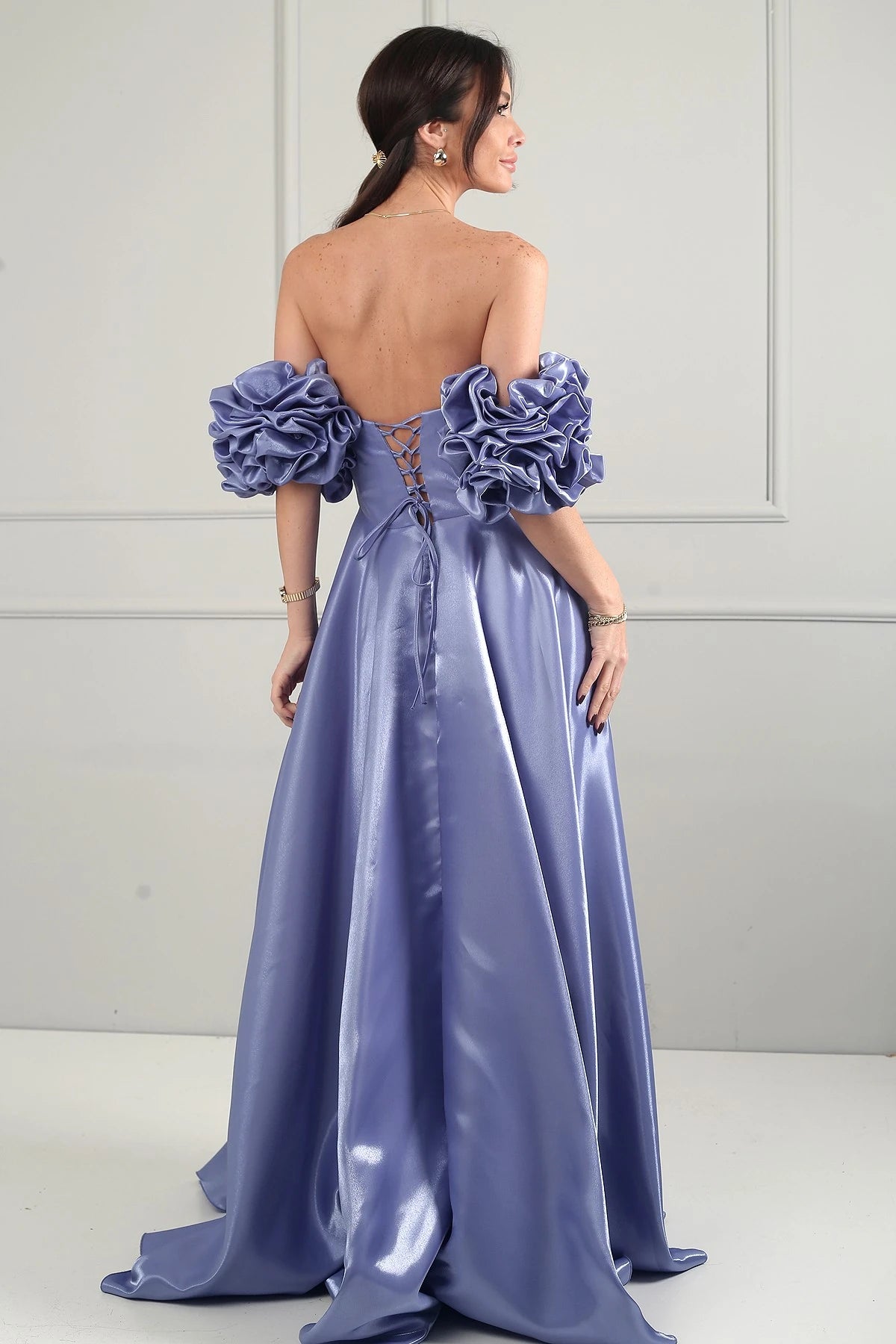 Image of Women's Strapless Balloon Sleeve Lined Long Satin Dress with Stone Embellishments