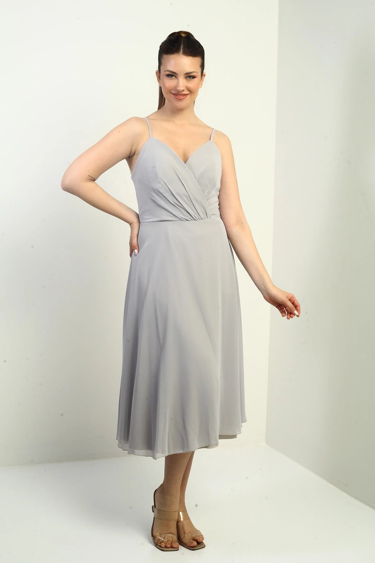 Image of Women's Strappy Wrap Neckline Lined Lace-Up Back Flared Chiffon Dress
