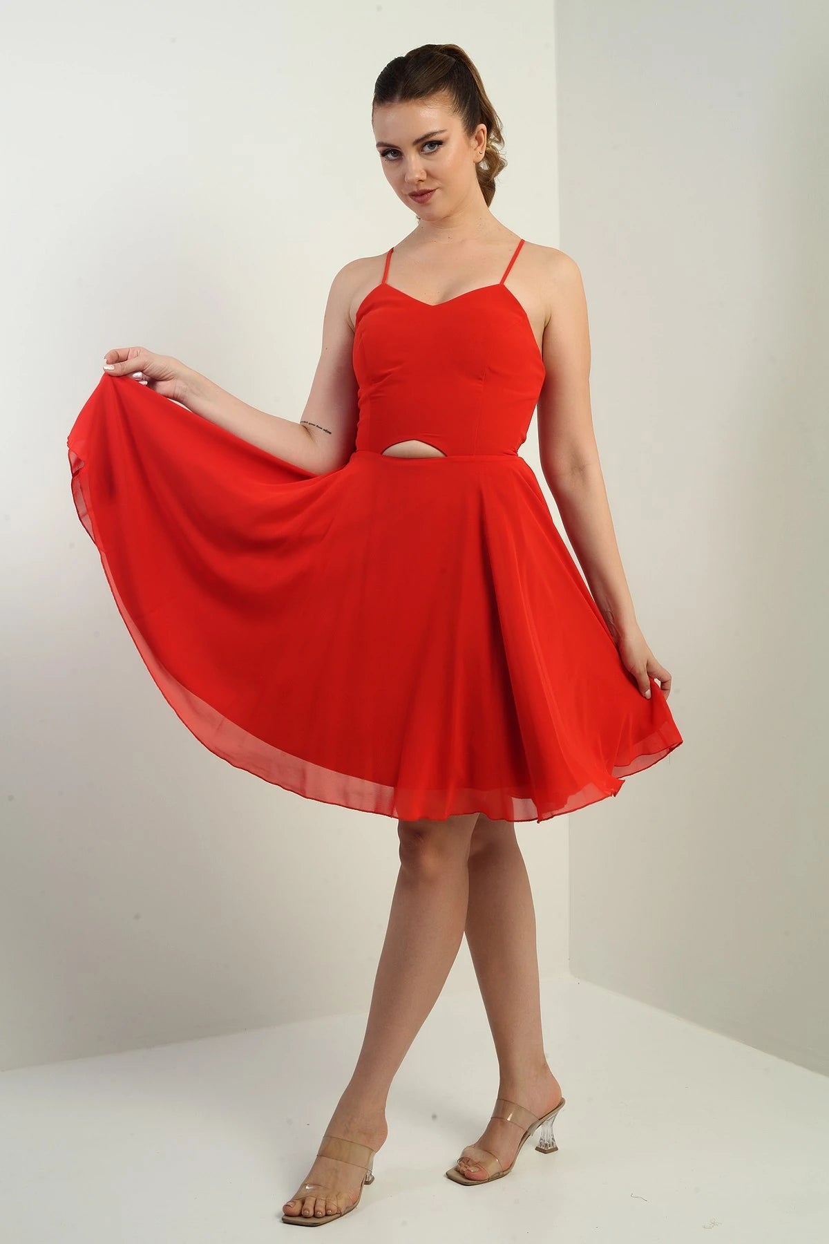 Image of Women's Strappy, Back-Tie, Front-Opening, Lined Chiffon Short Flared Dress